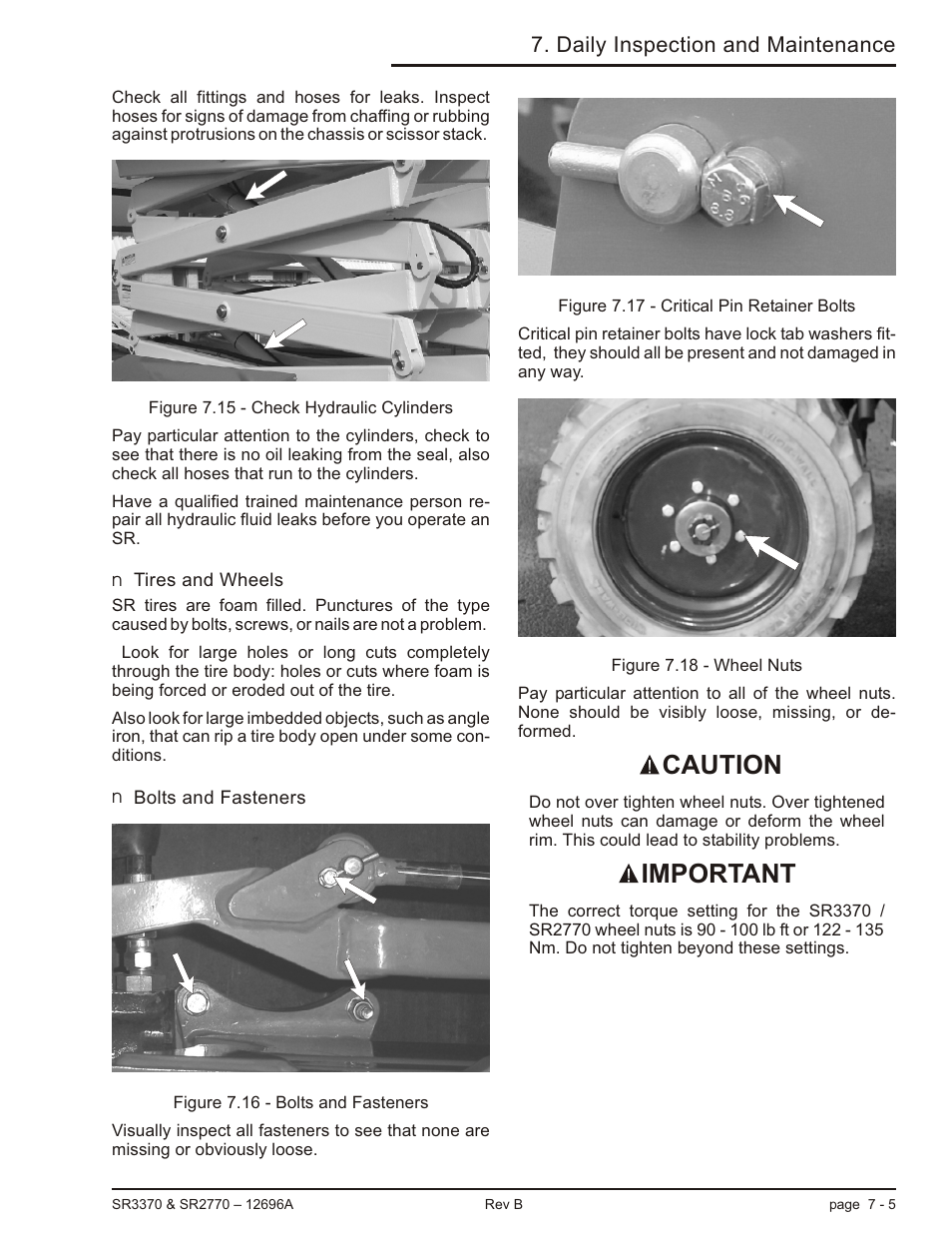 Tires and wheels 7-5, Bolts and fasteners 7-5, Tires and wheels -5 bolts and fasteners -5 | Caution important, Daily inspection and maintenance | Snorkel SR3370 User Manual | Page 39 / 78