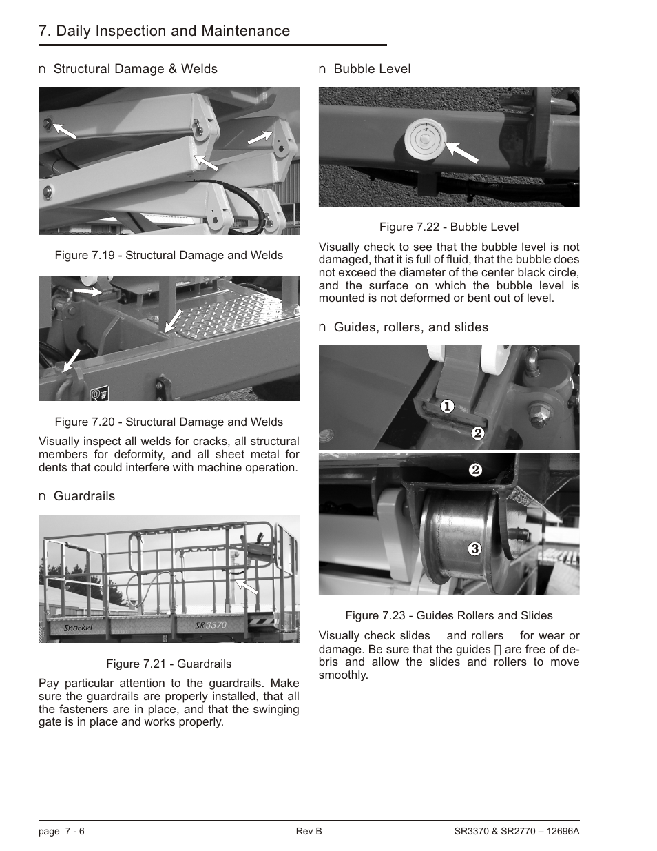 Structural damage & welds 7-6, Guardrails 7-6, Bubble level 7-6 | Guides, rollers, and slides 7-6, Daily inspection and maintenance | Snorkel SR3370 User Manual | Page 40 / 78