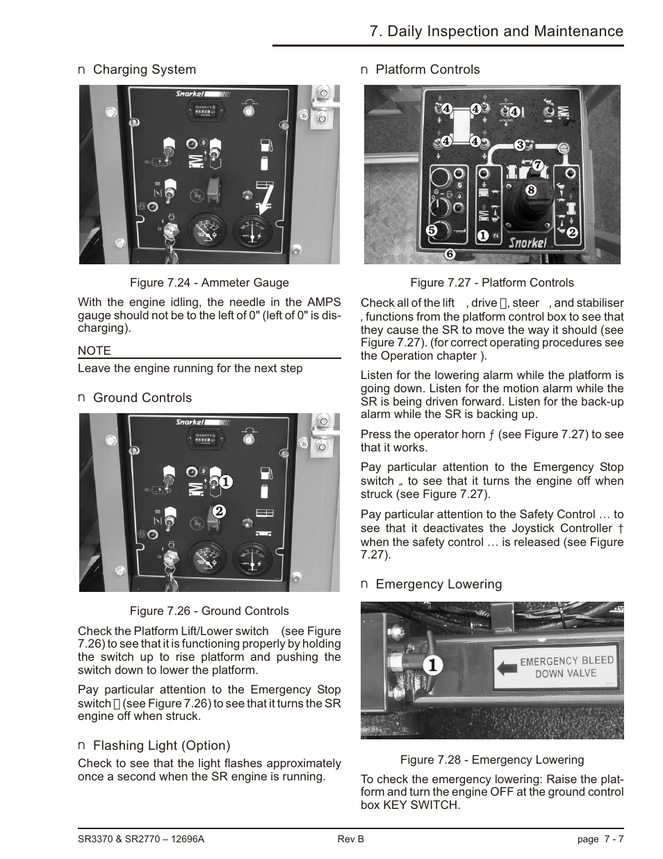 Charging system 7-7, Ground controls 7-7, Flashing light (option) 7-7 | Platform controls 7-7, Emergency lowering 7-7, Daily inspection and maintenance | Snorkel SR3370 User Manual | Page 41 / 78