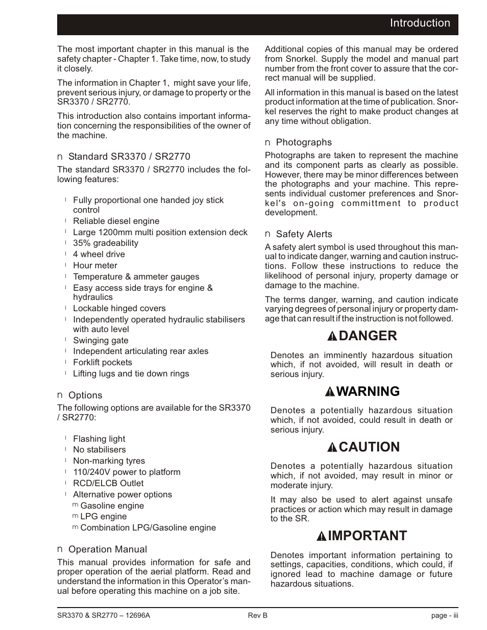 Introduction, Standard sr3370 / sr2770 iii, Options iii | Operation manual iii, Photographs iii, Safety alerts iii, Danger, Caution important, Warning | Snorkel SR3370 User Manual | Page 5 / 78