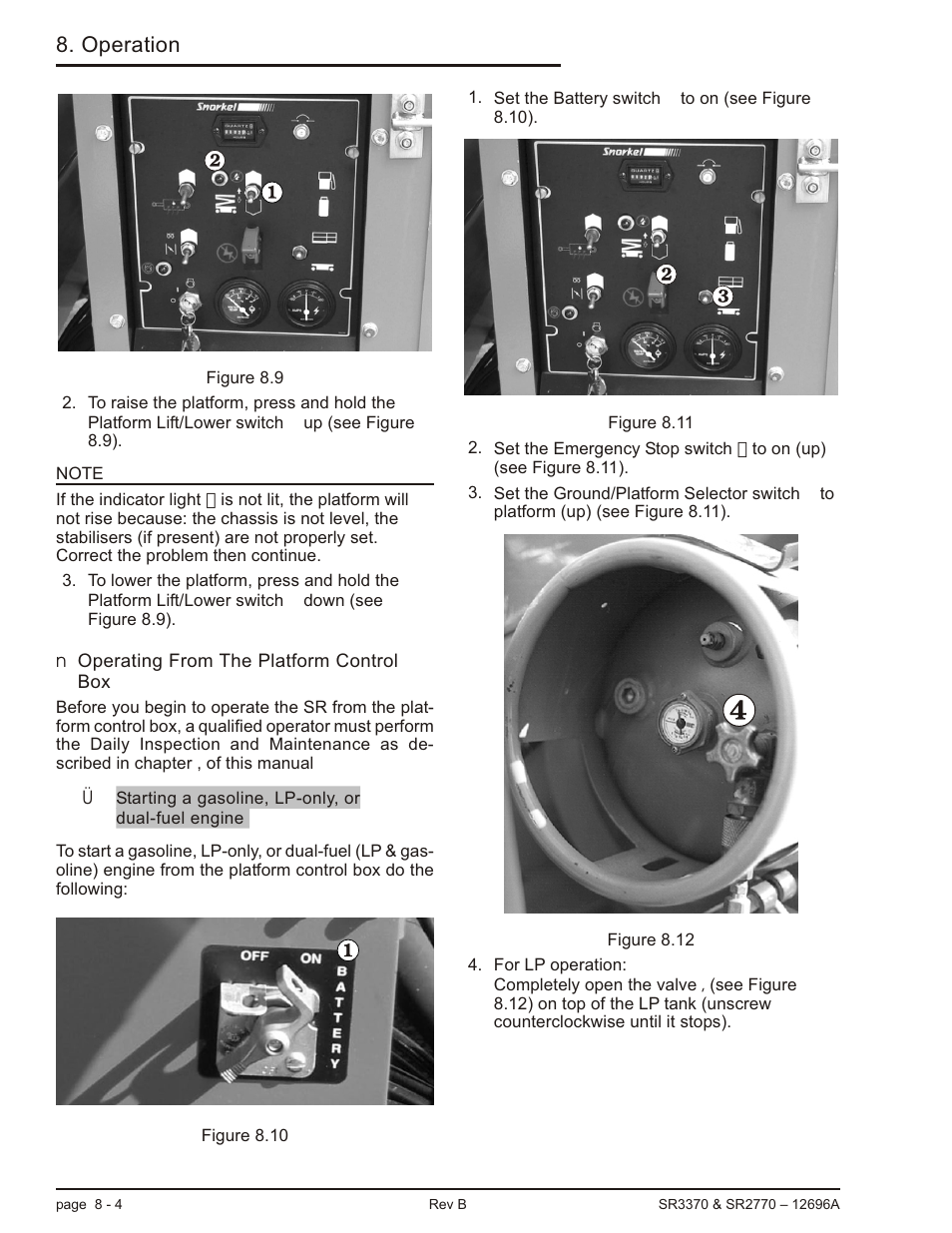 Operating from the platform control box 8-4, Operating from platform controls, 8-4, Starting a gasoline, lp, or duel fuel engine, 8-4 | Operating from the platform control box -4, Operation | Snorkel SR3370 User Manual | Page 50 / 78