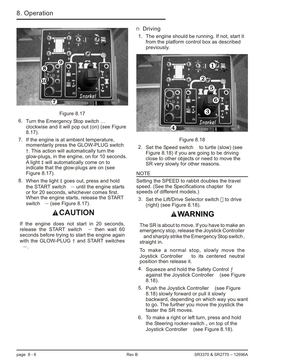 Driving 8-6, Driving, 8-6, Driving -6 | Caution, Warning, Operation | Snorkel SR3370 User Manual | Page 52 / 78