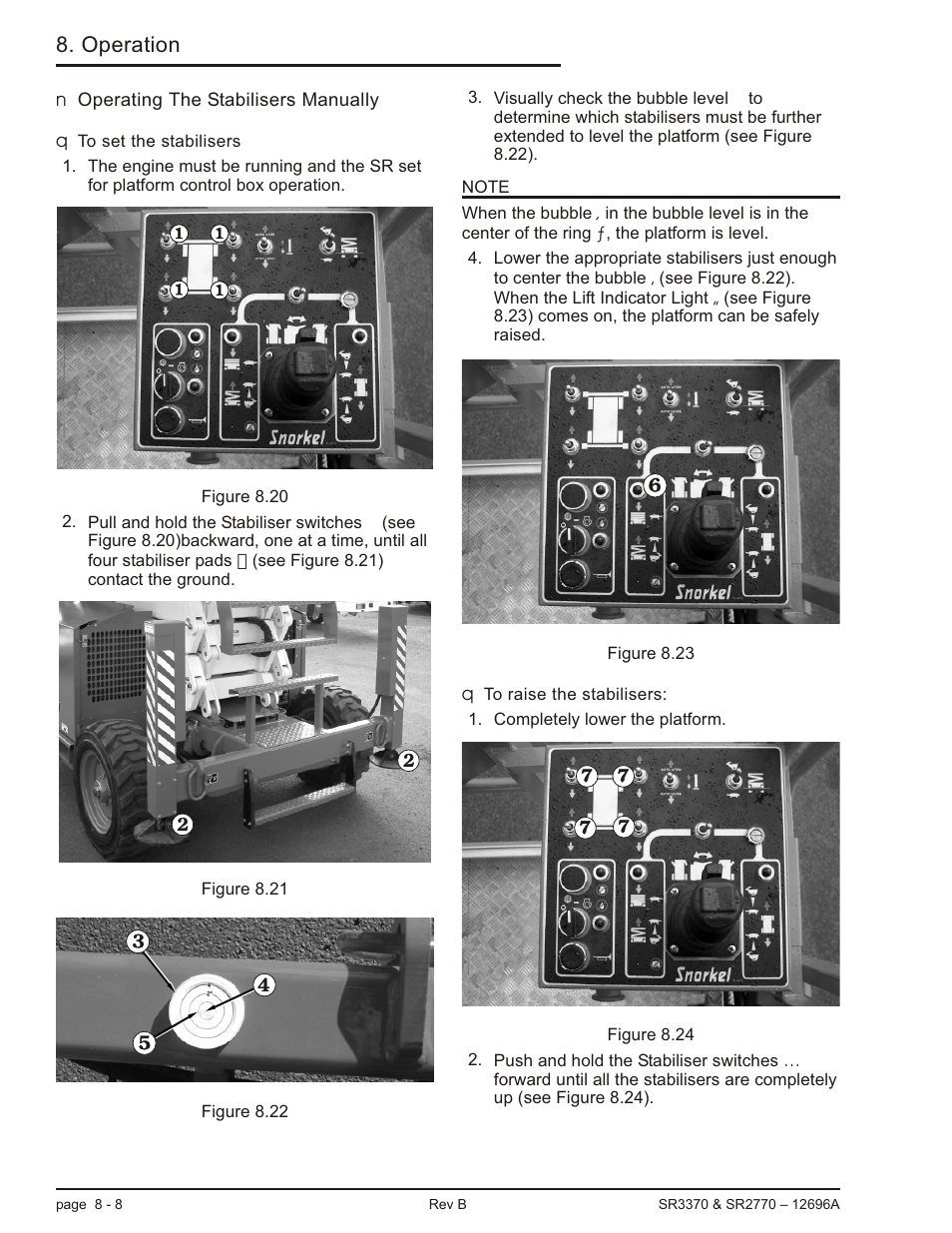 Operating the stabilisers manually 8-8, To set the stabilisers 8-8, To raise the stabilisers: 8-8 | Manual operation, 8-8, Operating the stabilisers manually -8, Operation | Snorkel SR3370 User Manual | Page 54 / 78