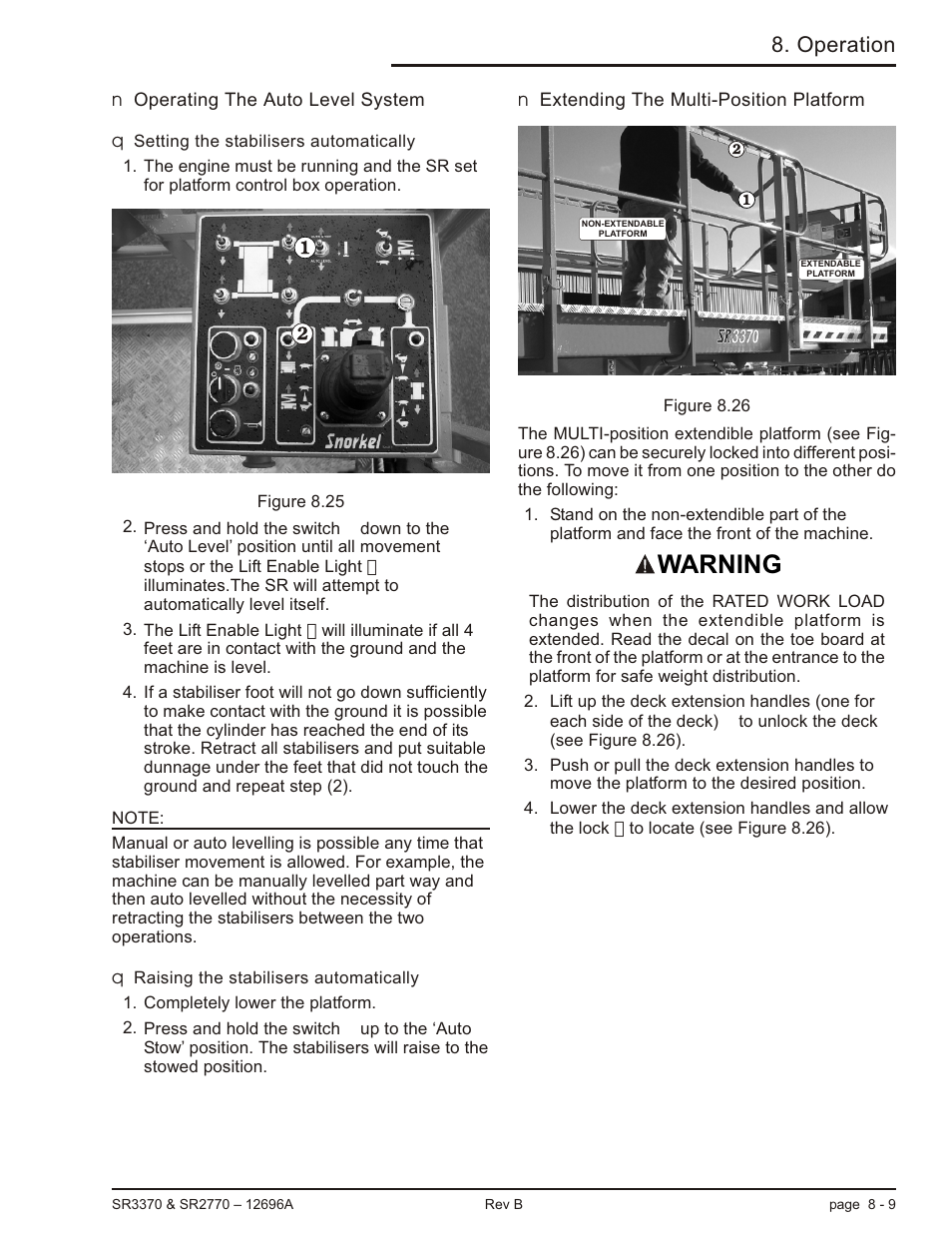 Operating the auto level system 8-9, Setting the stabilisers automatically 8-9, Raising the stabilisers automatically 8-9 | Extending the multi-position platform 8-9, Extending the platform, 8-9, Auto operation, 8-9, Operating the auto level system -9, Extending the multi-position platform -9, Warning, Operation | Snorkel SR3370 User Manual | Page 55 / 78