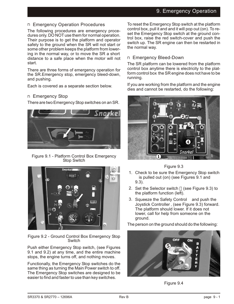 Emergency operation, Emergency operation procedures 9-1, Emergency stop 9-1 | Emergency bleed-down 9-1, Emergency operation, 9-1, Bleed down, 9-1, Emergency stop, 9-1 | Snorkel SR3370 User Manual | Page 57 / 78