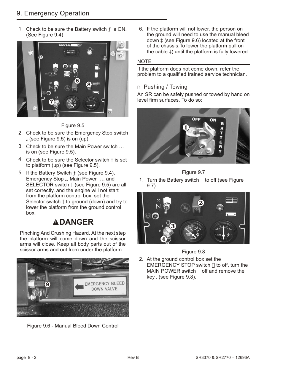 Pushing / towing 9-2, Pushing, 9-2, Pushing / towing -2 | Danger, Emergency operation | Snorkel SR3370 User Manual | Page 58 / 78