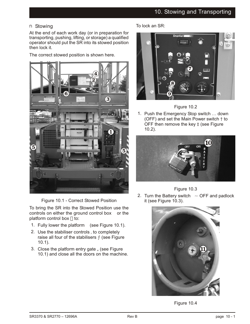 Stowing and transporting, Stowing 10-1, Stowing the sr, 10-1 | Stowing -1 | Snorkel SR3370 User Manual | Page 61 / 78