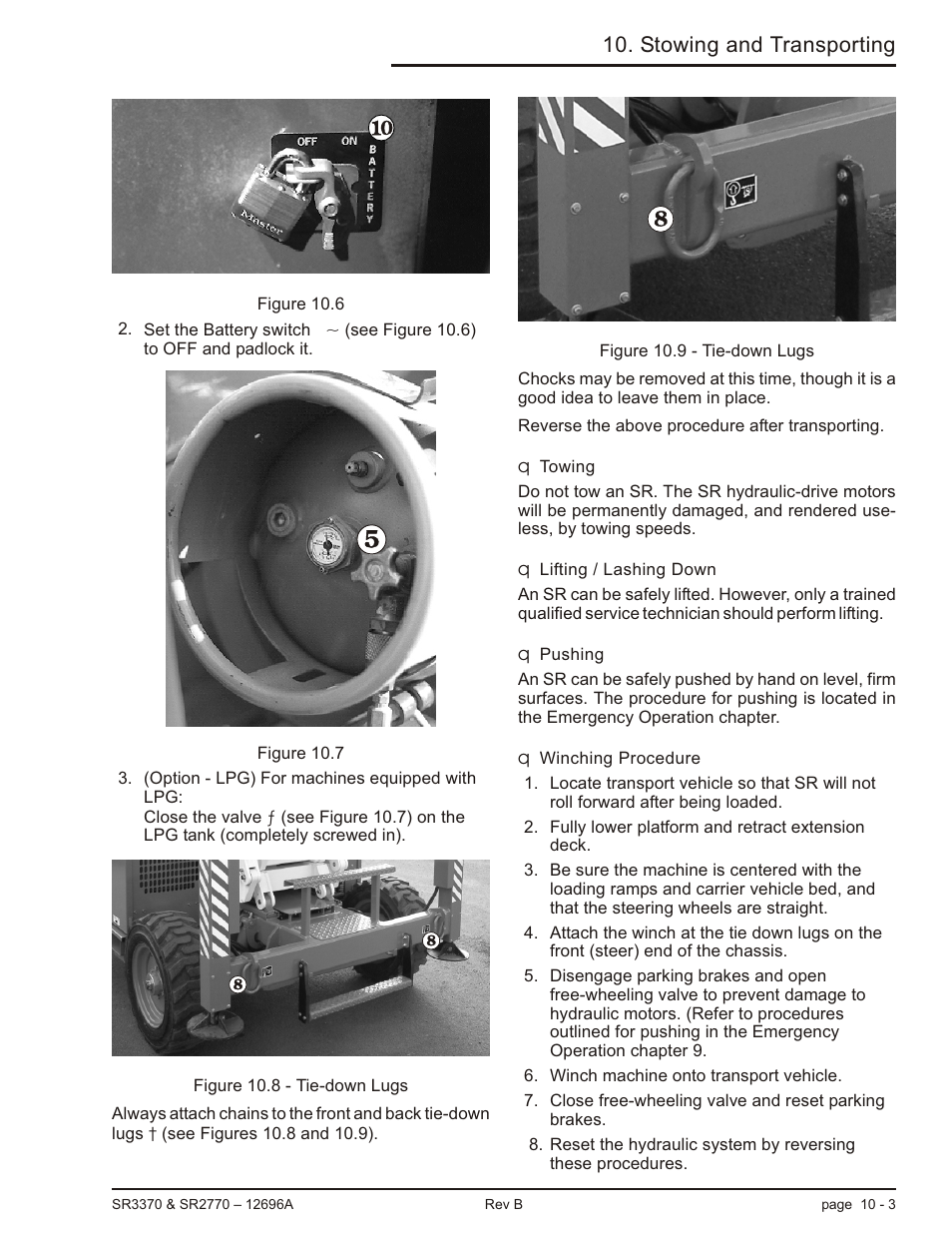 Towing 10-3, Lifting / lashing down 10-3, Pushing 10-3 | Winching procedure 10-3, Pushing, 10-3, Towing, 10-3, Winching, 10-3, Stowing and transporting | Snorkel SR3370 User Manual | Page 63 / 78