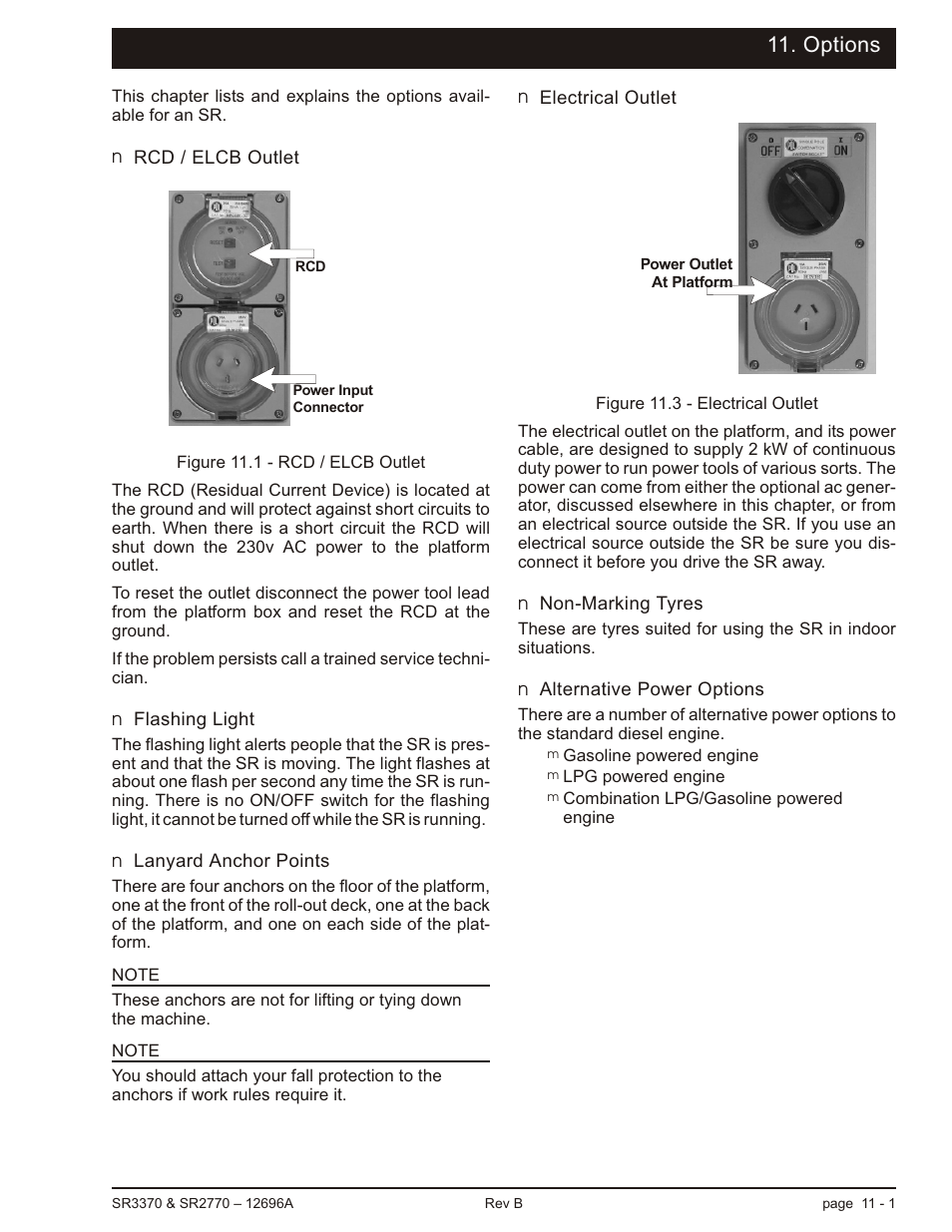 Options, Rcd / elcb outlet 11-1, Flashing light 11-1 | Lanyard anchor points 11-1, Electrical outlet 11-1, Non-marking tyres 11-1, Alternative power options 11-1 | Snorkel SR3370 User Manual | Page 65 / 78