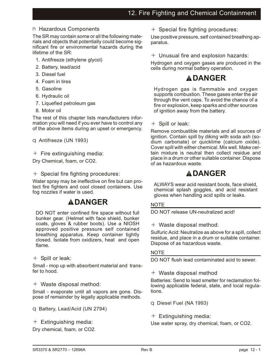 Fire fighting and chemical containment, Hazardous components 12-1, Antifreeze (un 1993) 12-1 | Battery, lead/acid (un 2794) 12-1, Diesel fuel (na 1993) 12-1, Hazardous components, 12-1, Antifreeze, 12-1, Battery lead/acid, 12-1, Diesel fuel, 12-1, Hazardous components -1 | Snorkel SR3370 User Manual | Page 67 / 78