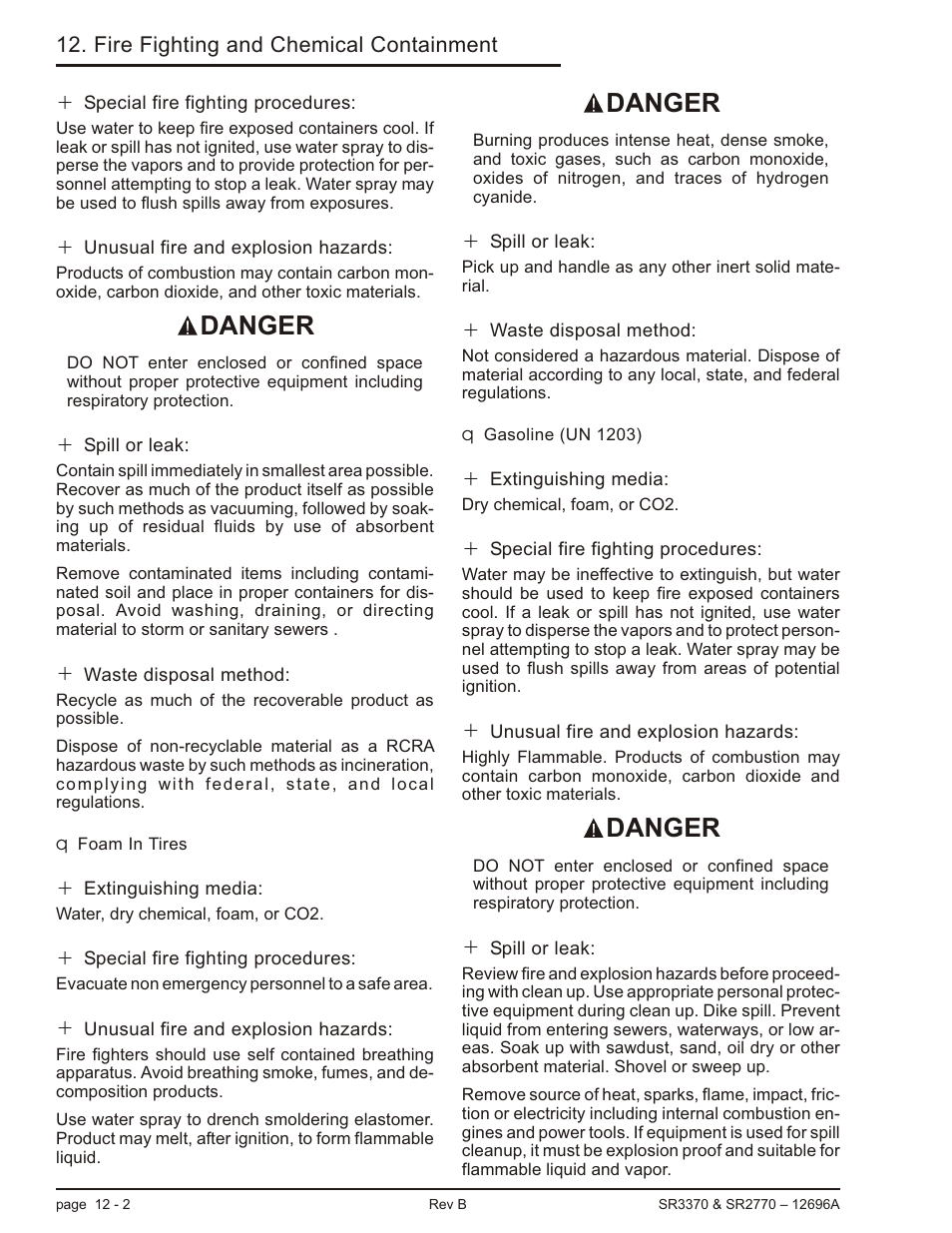 Foam in tires 12-2, Gasoline (un 1203) 12-2, Foam in tyres, 12-2 | Gasoline, 12-2, Foam in tires -2 gasoline (un 1203) -2, Danger | Snorkel SR3370 User Manual | Page 68 / 78