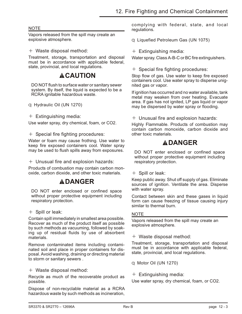 Hydraulic oil (un 1270) 12-3, Liquefied petroleum gas (un 1075) 12-3, Motor oil (un 1270) 12-3 | Hydraulic oil, 12-3, Liquefied petroleum gas, 12-3, Motor oil, 12-3, Caution danger danger | Snorkel SR3370 User Manual | Page 69 / 78