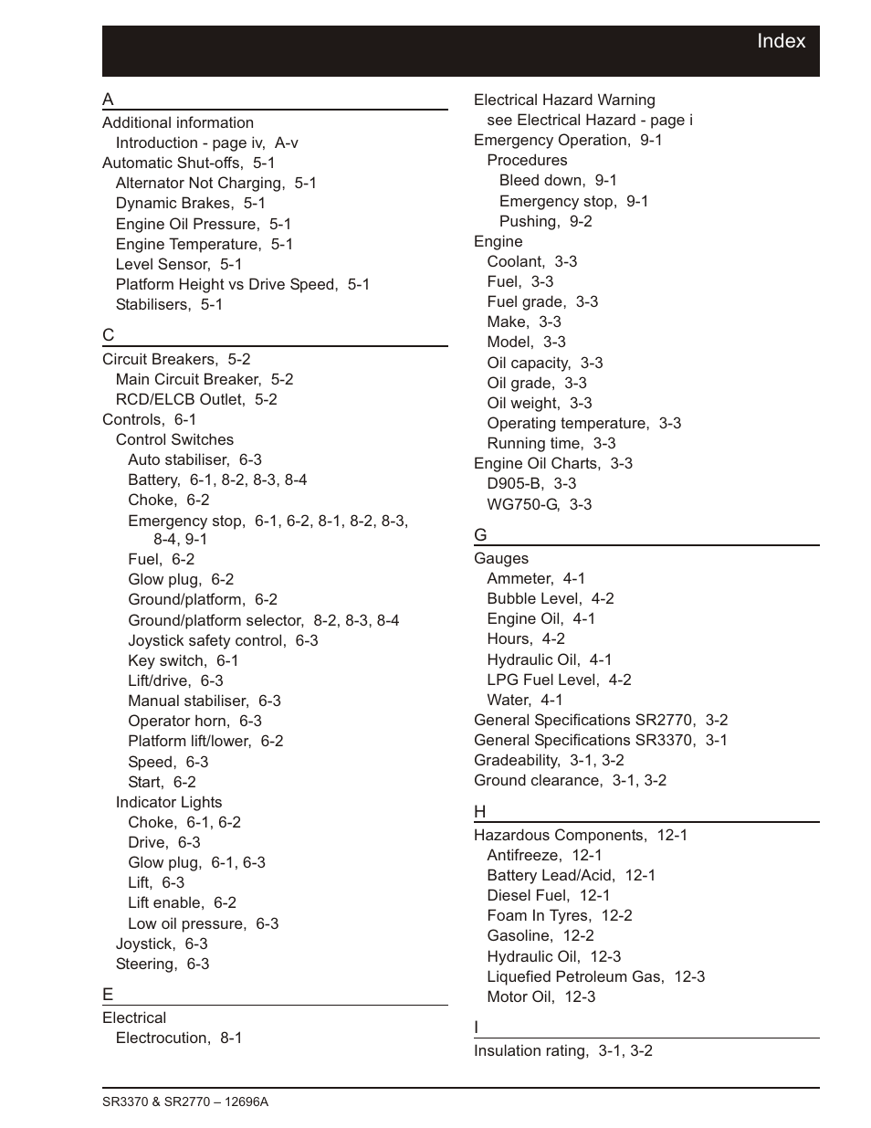 Index | Snorkel SR3370 User Manual | Page 75 / 78