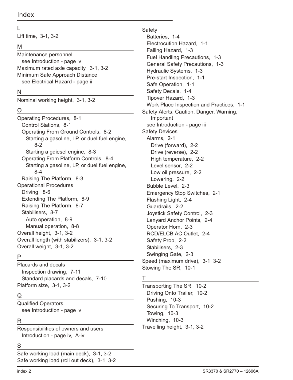 Index | Snorkel SR3370 User Manual | Page 76 / 78