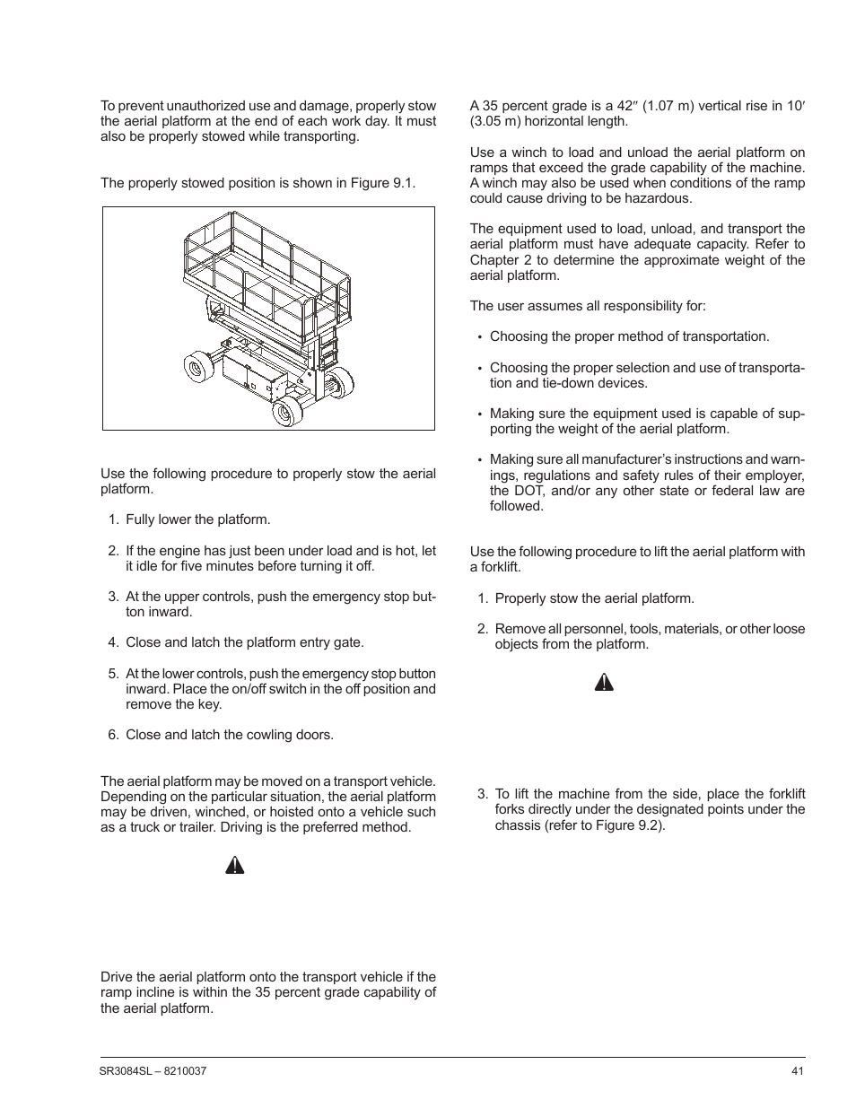 Chapter 9 – stowing and transporting, Danger | Snorkel SR3084SL User Manual | Page 45 / 60