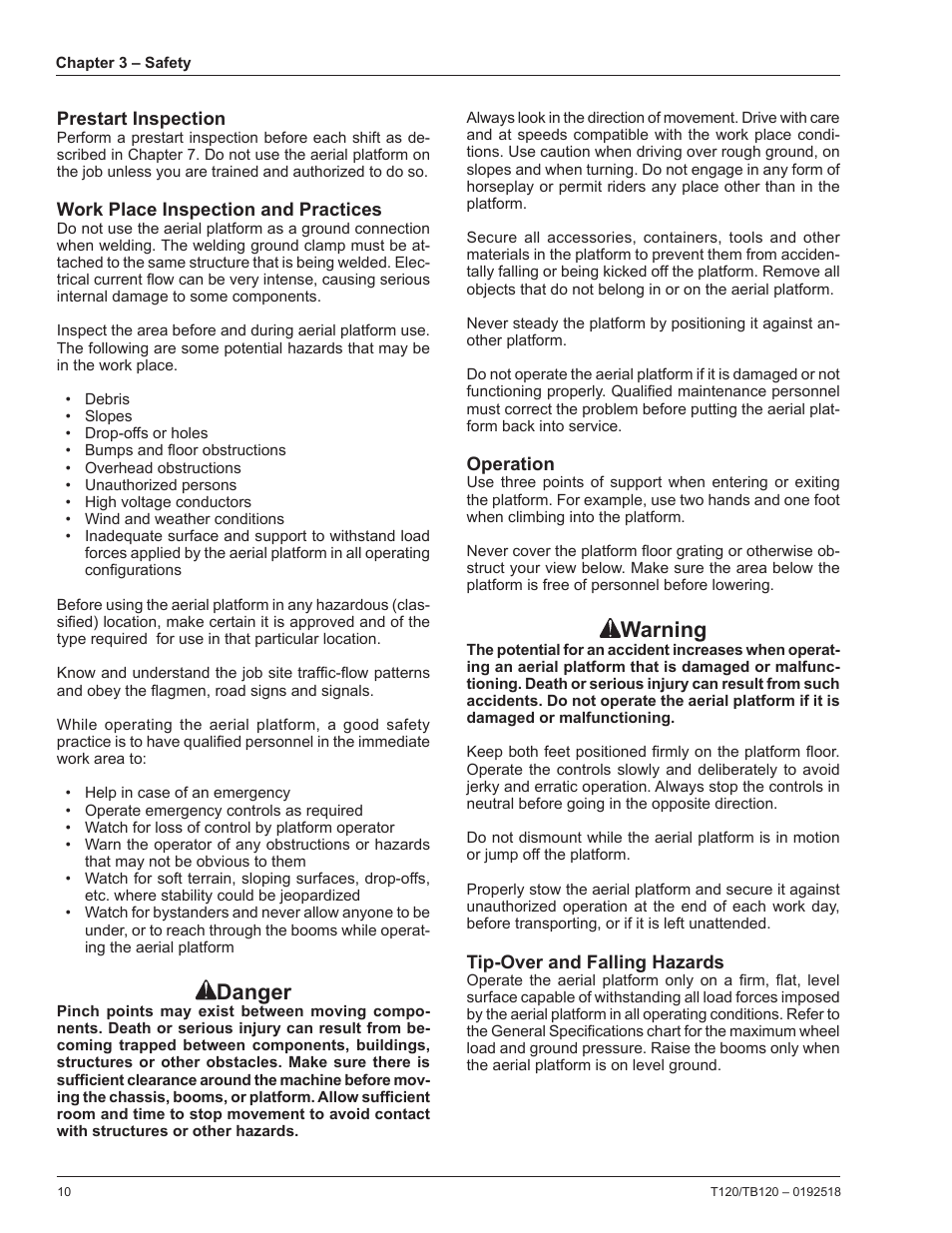 Prestart inspection, Work place inspection and practices, Operation | Tip-over and falling hazards, Danger, Warning | Snorkel TB120 User Manual | Page 14 / 74