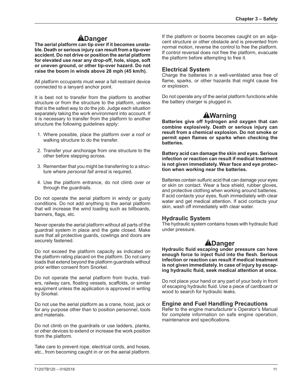 Electrical system, Hydraulic system, Engine and fuel handling precautions | Danger, Warning | Snorkel TB120 User Manual | Page 15 / 74