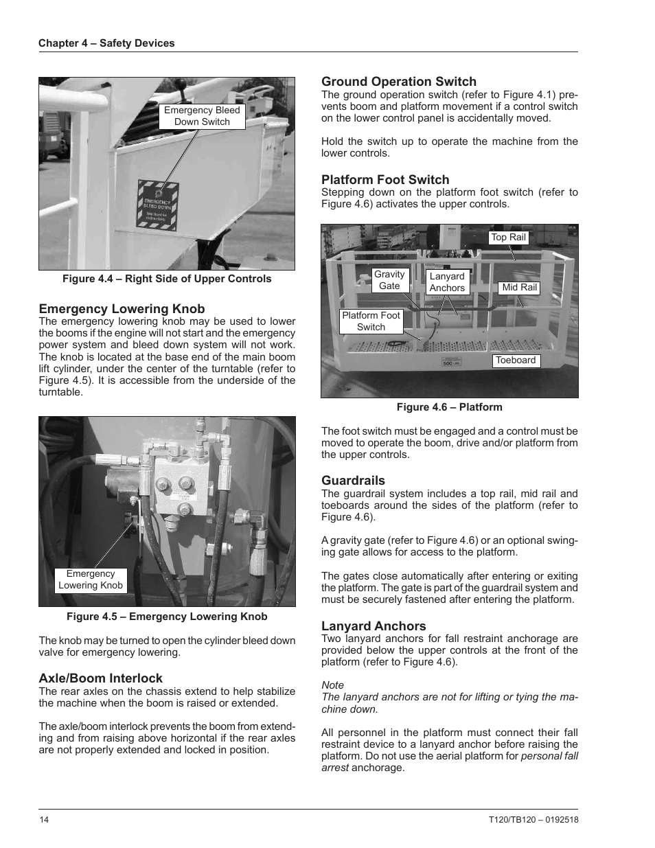 Emergency lowering knob, Axle/boom interlock, Ground operation switch | Platform foot switch, Guardrails, Lanyard anchors | Snorkel TB120 User Manual | Page 18 / 74