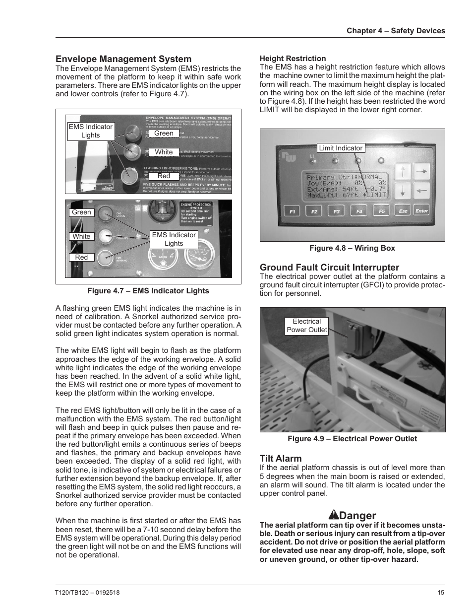 Envelope management system, Height restriction, Ground fault circuit interrupter | Tilt alarm, Danger | Snorkel TB120 User Manual | Page 19 / 74