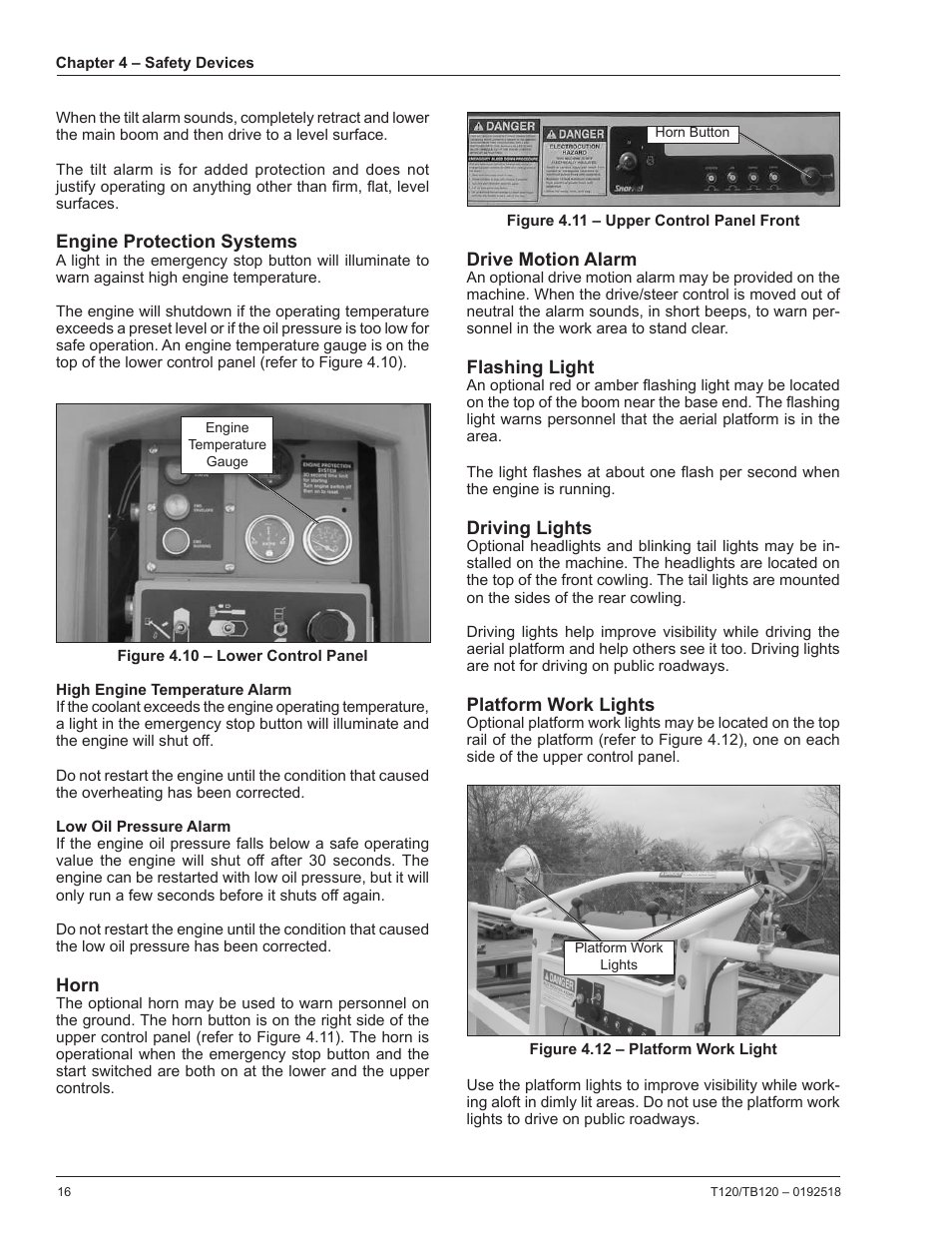 Engine protection systems, High engine temperature alarm, Low oil pressure alarm | Horn, Drive motion alarm, Flashing light, Driving lights, Platform work lights | Snorkel TB120 User Manual | Page 20 / 74
