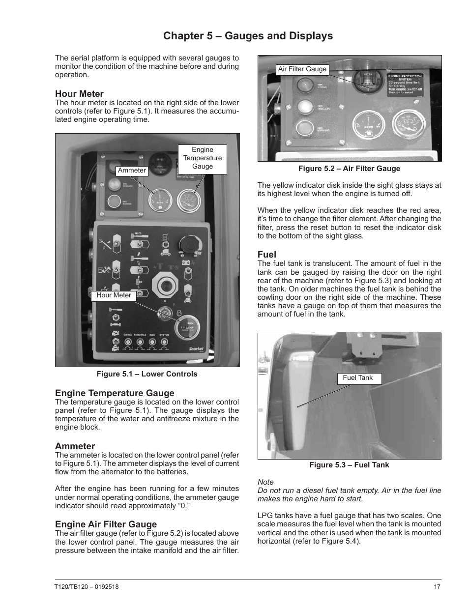 Chapter 5 – gauges and displays, Hour meter, Engine temperature gauge | Ammeter, Engine air filter gauge, Fuel | Snorkel TB120 User Manual | Page 21 / 74
