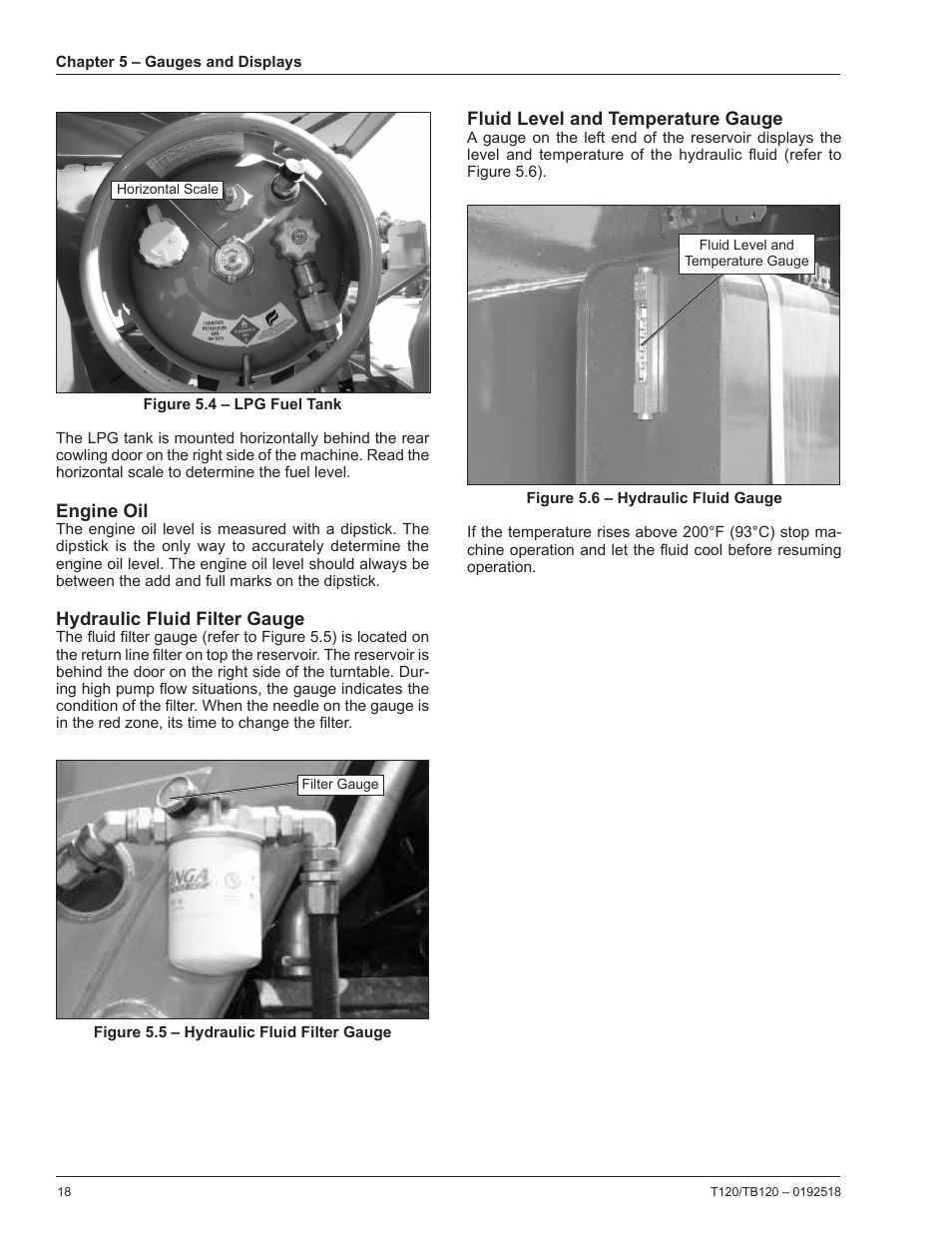 Engine oil, Hydraulic fluid filter gauge, Fluid level and temperature gauge | Snorkel TB120 User Manual | Page 22 / 74