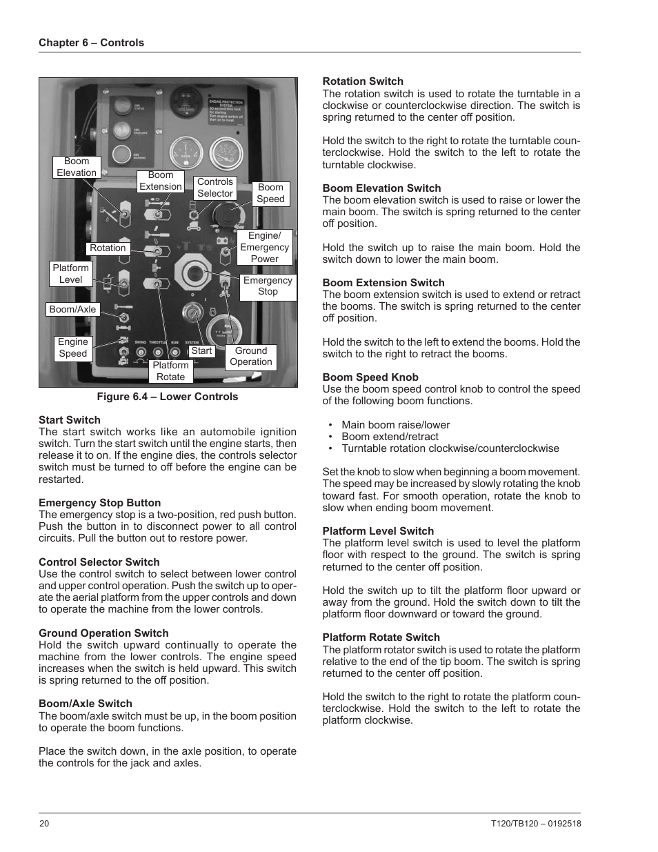 Start switch, Emergency stop button, Control selector switch | Ground operation switch, Boom/axle switch, Rotation switch, Boom elevation switch, Boom extension switch, Boom speed knob, Platform level switch | Snorkel TB120 User Manual | Page 24 / 74