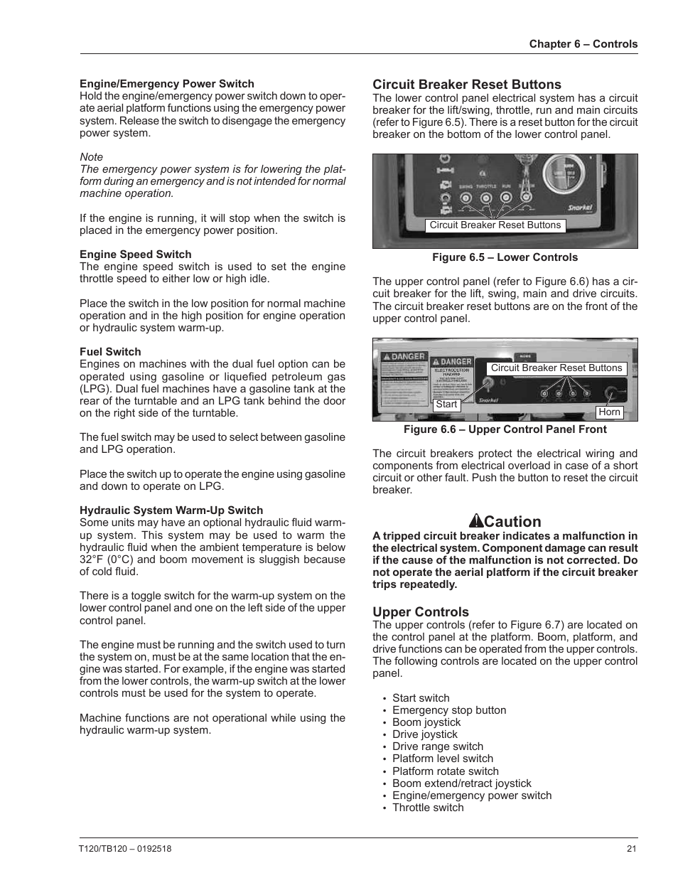 Engine/emergency power switch, Engine speed switch, Fuel switch | Hydraulic system warm-up switch, Circuit breaker reset buttons, Upper controls, Caution | Snorkel TB120 User Manual | Page 25 / 74