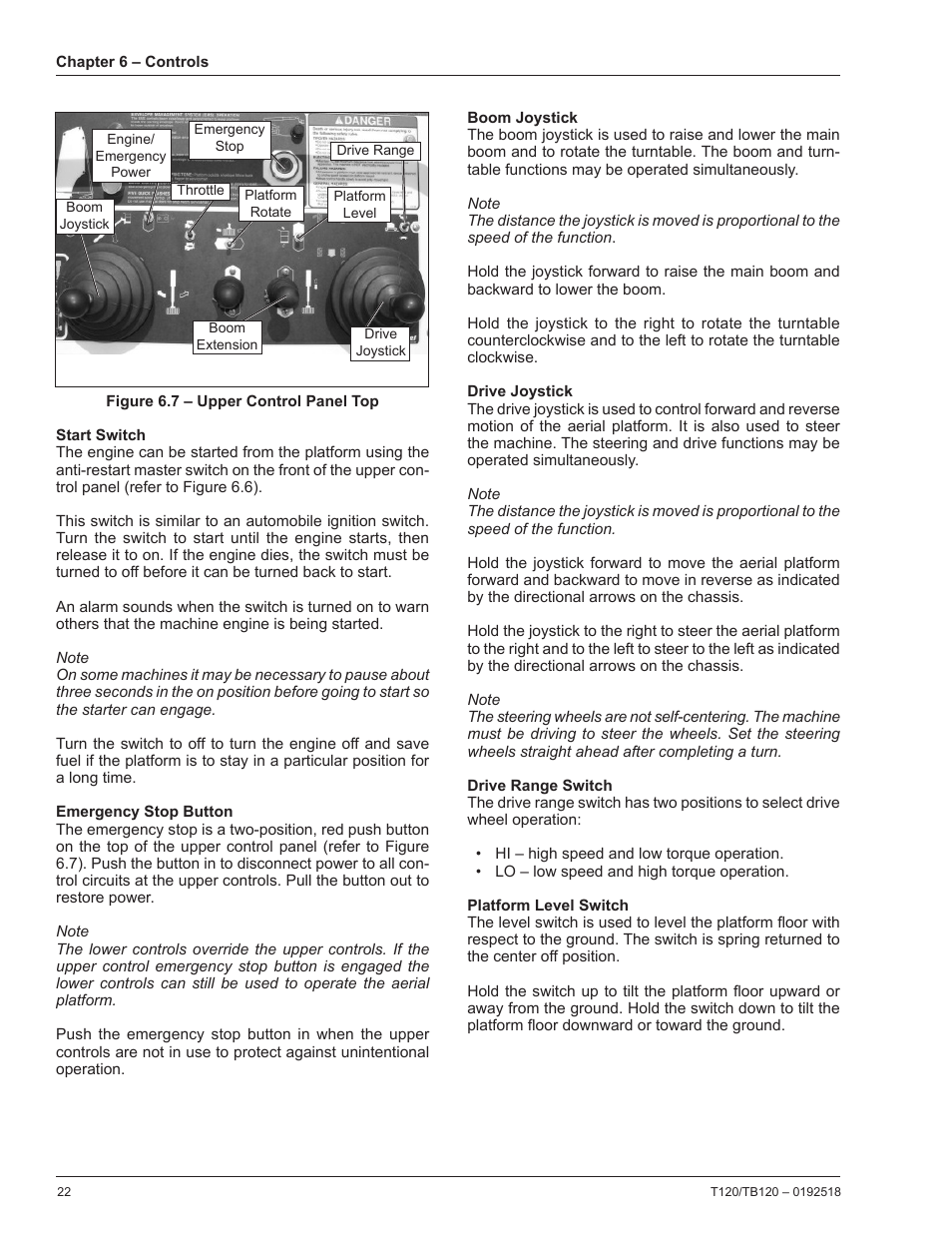 Start switch, Emergency stop button, Boom joystick | Drive joystick, Drive range switch, Platform level switch | Snorkel TB120 User Manual | Page 26 / 74