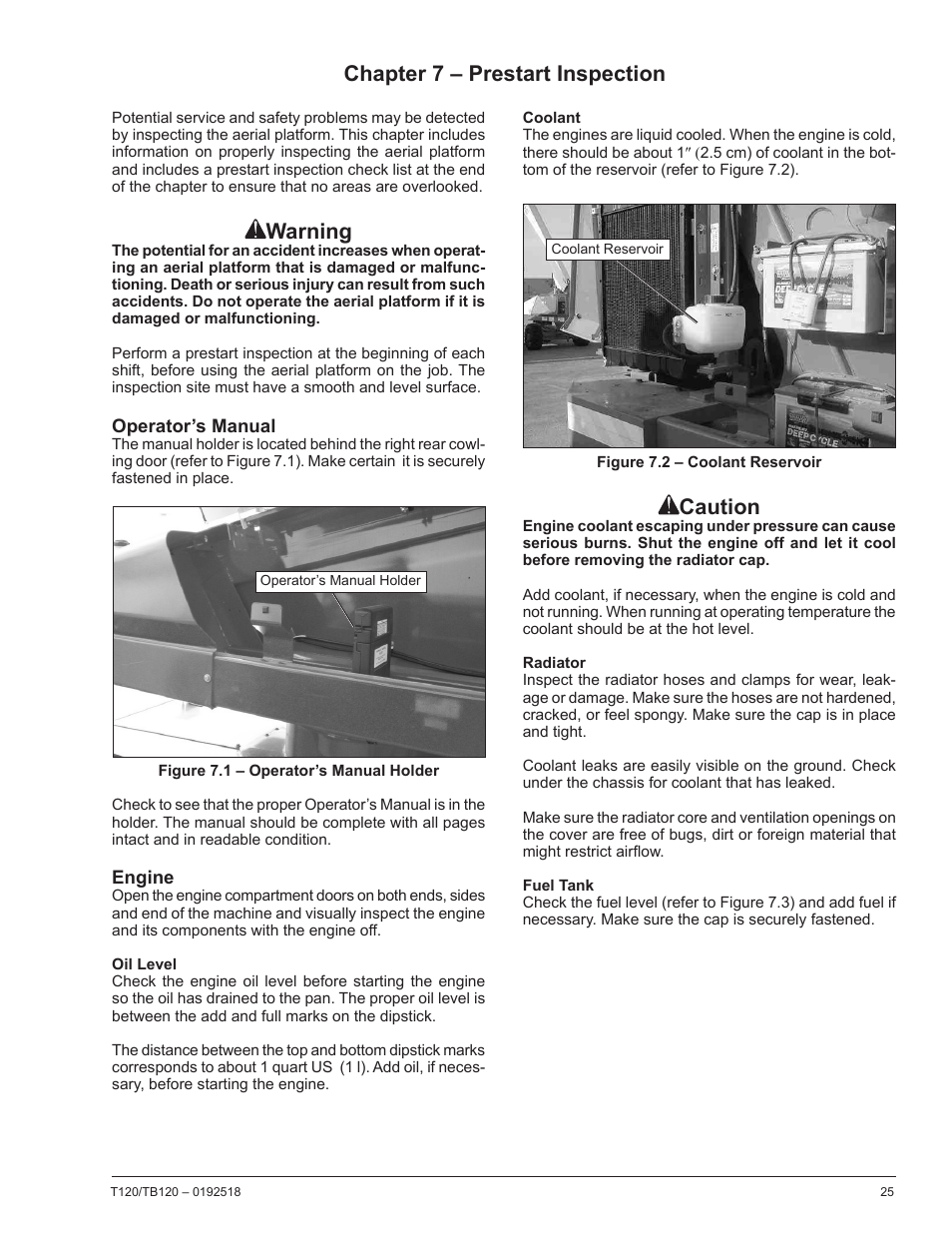 Chapter 7 – prestart inspection, Operator’s manual, Engine | Oil level, Coolant, Radiator, Fuel tank, Warning, Caution | Snorkel TB120 User Manual | Page 29 / 74