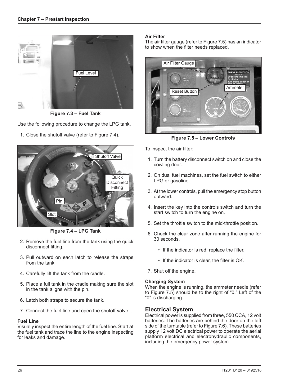 Fuel line, Air filter, Charging system | Electrical system | Snorkel TB120 User Manual | Page 30 / 74