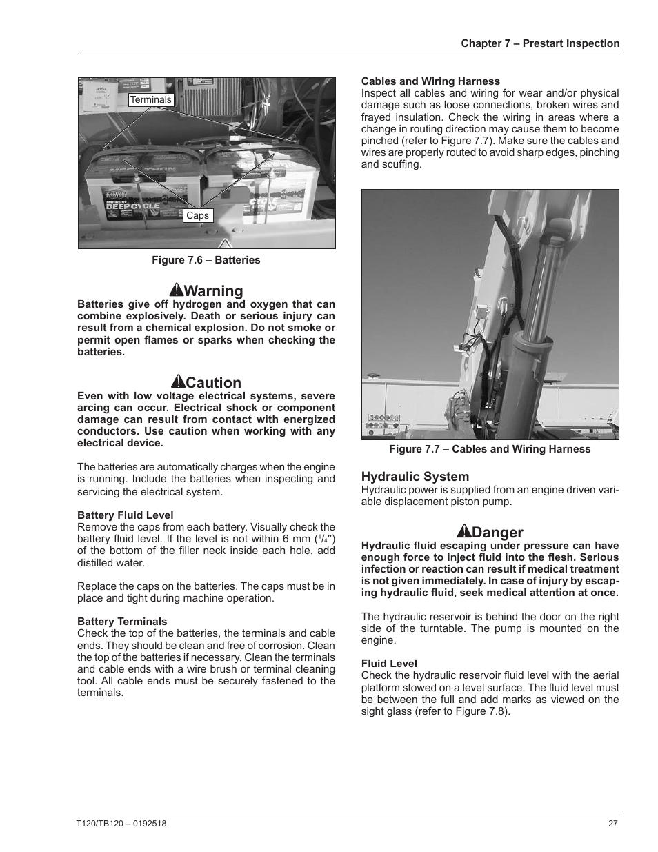 Battery fluid level, Battery terminals, Cables and wiring harness | Hydraulic system, Fluid level, Danger, Warning, Caution | Snorkel TB120 User Manual | Page 31 / 74