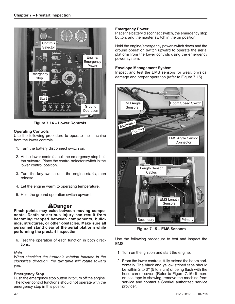 Operating controls, Emergency stop, Emergency power | Envelope management system, Danger | Snorkel TB120 User Manual | Page 34 / 74