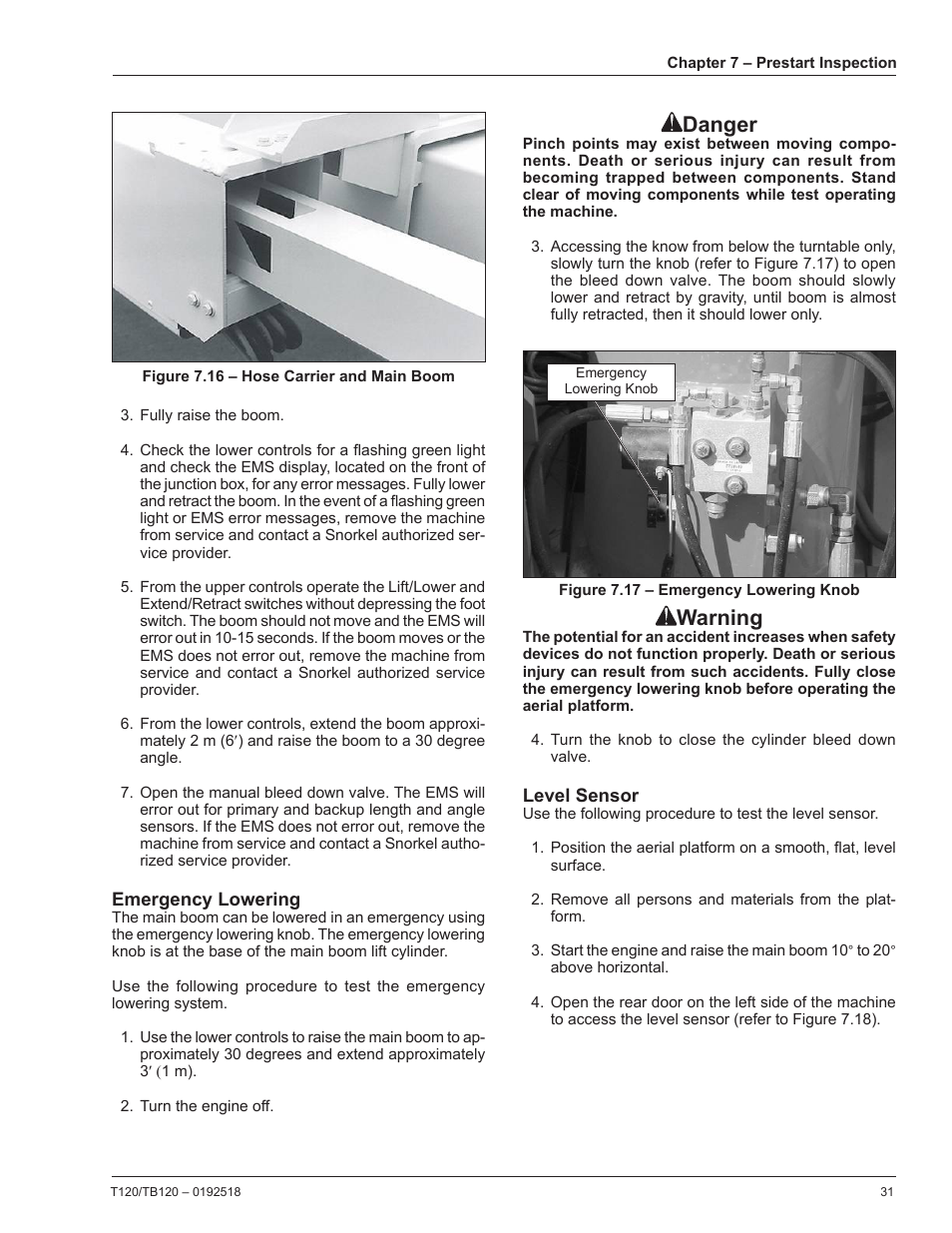Emergency lowering, Level sensor, Danger | Warning | Snorkel TB120 User Manual | Page 35 / 74