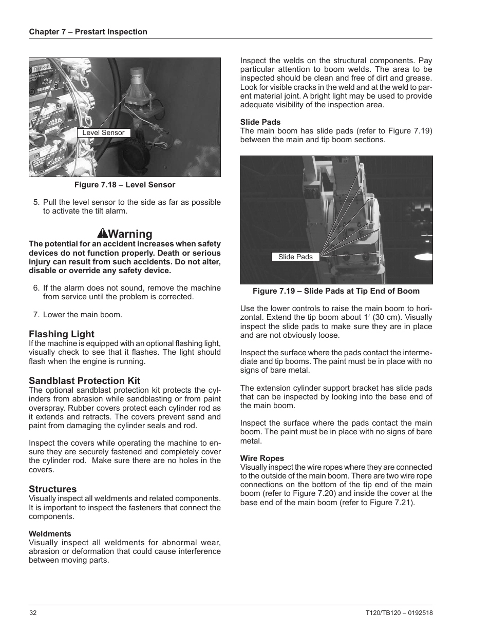 Flashing light, Sandblast protection kit, Structures | Weldments, Slide pads, Wire ropes, Warning | Snorkel TB120 User Manual | Page 36 / 74