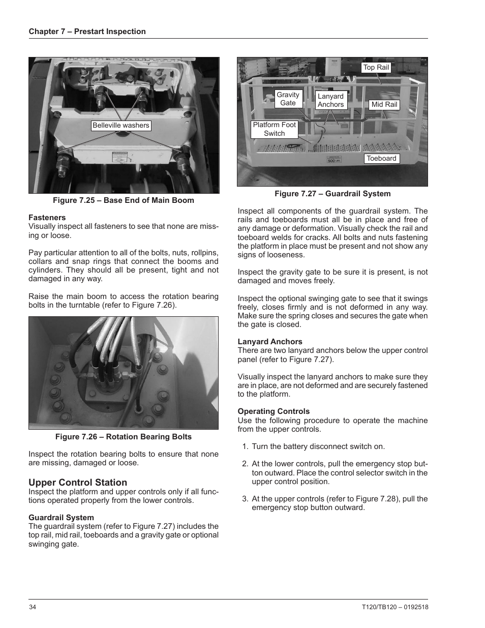 Fasteners, Upper control station, Guardrail system | Lanyard anchors, Operating controls | Snorkel TB120 User Manual | Page 38 / 74