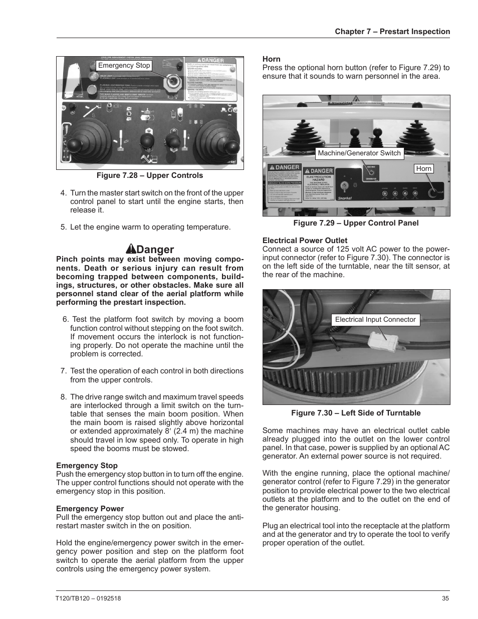 Emergency stop, Emergency power, Horn | Electrical power outlet, Danger | Snorkel TB120 User Manual | Page 39 / 74