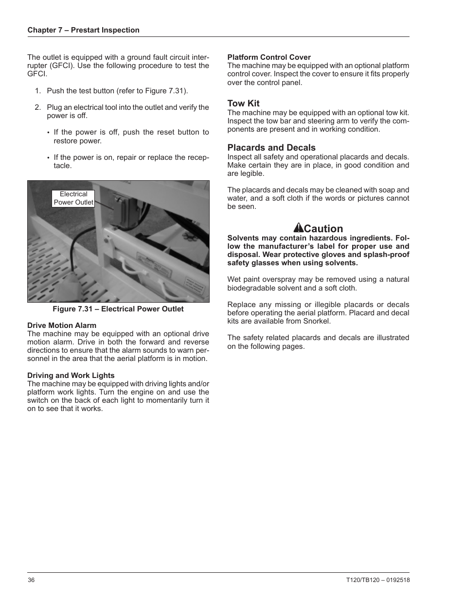 Drive motion alarm, Driving and work lights, Platform control cover | Tow kit, Placards and decals, Caution | Snorkel TB120 User Manual | Page 40 / 74
