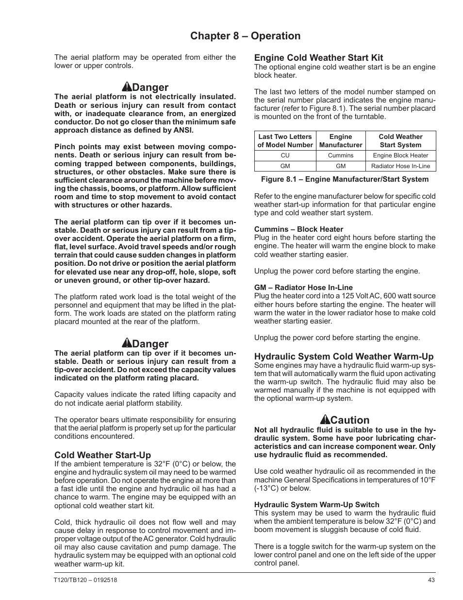 Chapter 8 – operation, Cold weather start-up, Engine cold weather start kit | Cummins – block heater, Gm – radiator hose in-line, Hydraulic system cold weather warm-up, Hydraulic system warm-up switch, Danger, Caution | Snorkel TB120 User Manual | Page 47 / 74