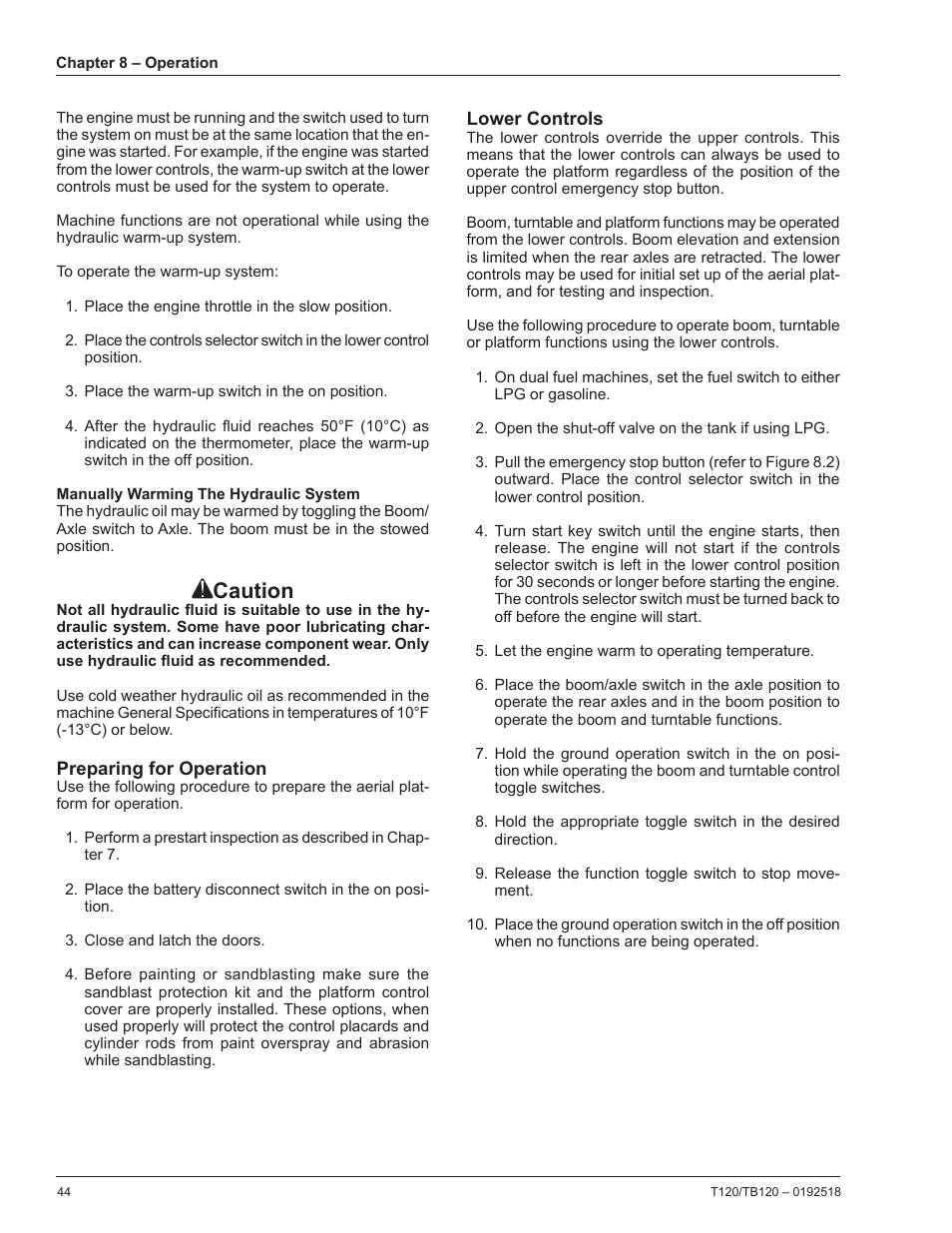 Manually warming the hydraulic system, Preparing for operation, Lower controls | Caution | Snorkel TB120 User Manual | Page 48 / 74