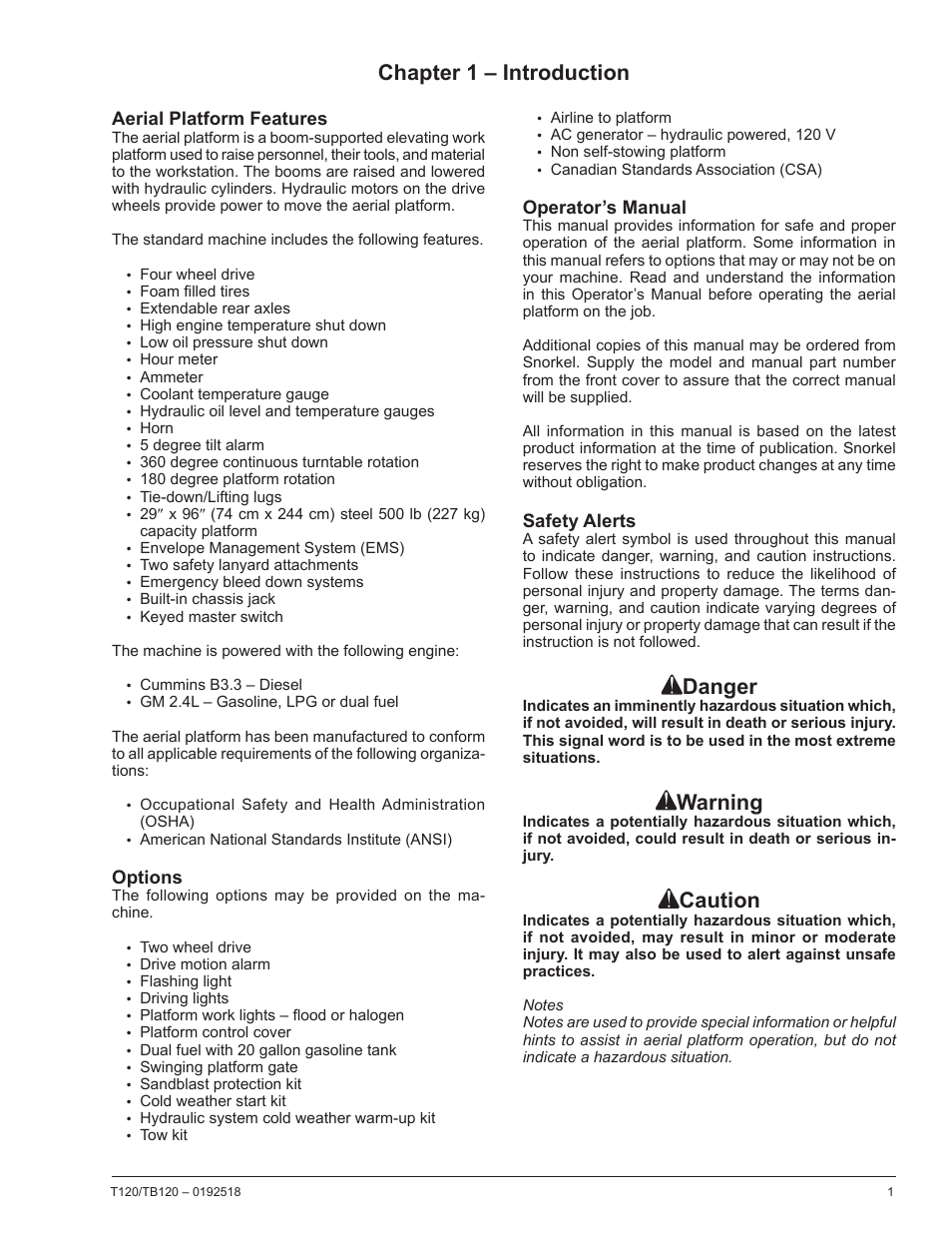 Chapter 1 – introduction, Aerial platform features, Options | Operator’s manual, Safety alerts, Danger, Warning, Caution | Snorkel TB120 User Manual | Page 5 / 74