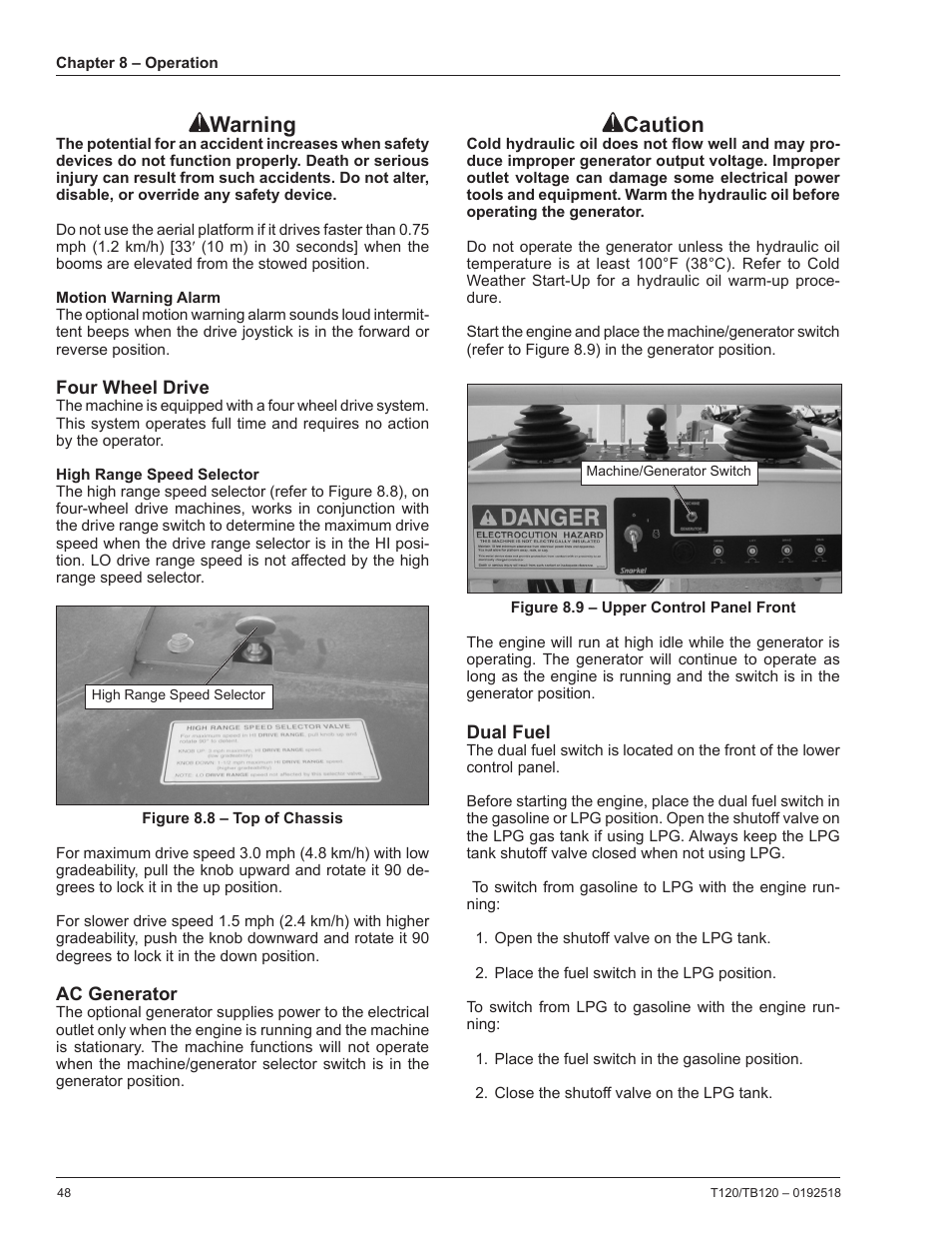 Motion warning alarm, Four wheel drive, High range speed selector | Ac generator, Dual fuel, Caution, Warning | Snorkel TB120 User Manual | Page 52 / 74