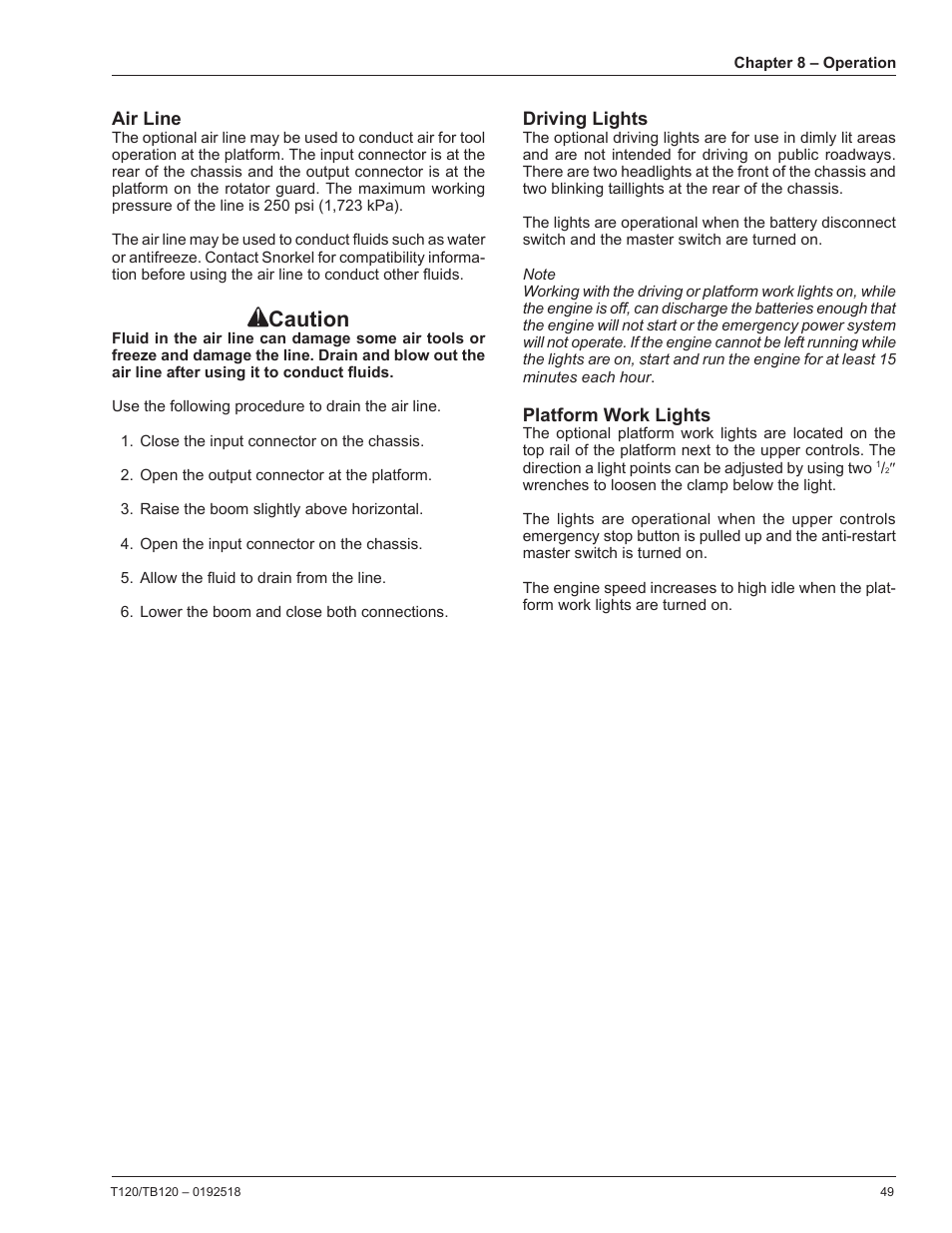 Air line, Driving lights, Platform work lights | Caution | Snorkel TB120 User Manual | Page 53 / 74