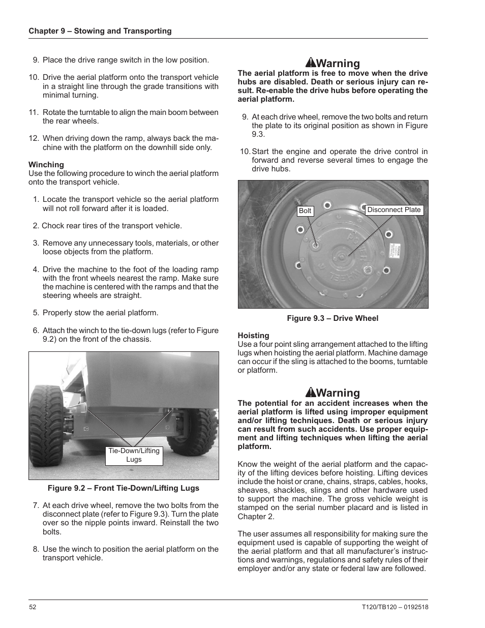 Driving, Winching, Warning | Snorkel TB120 User Manual | Page 56 / 74