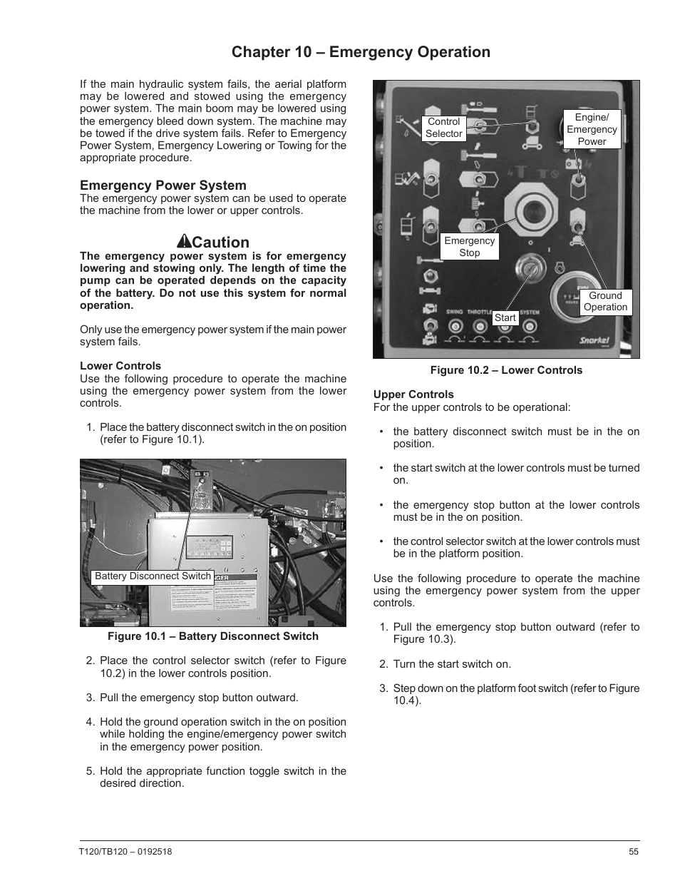 Chapter 10 – emergency operation, Emergency power system, Lower controls | Upper controls, Caution | Snorkel TB120 User Manual | Page 59 / 74