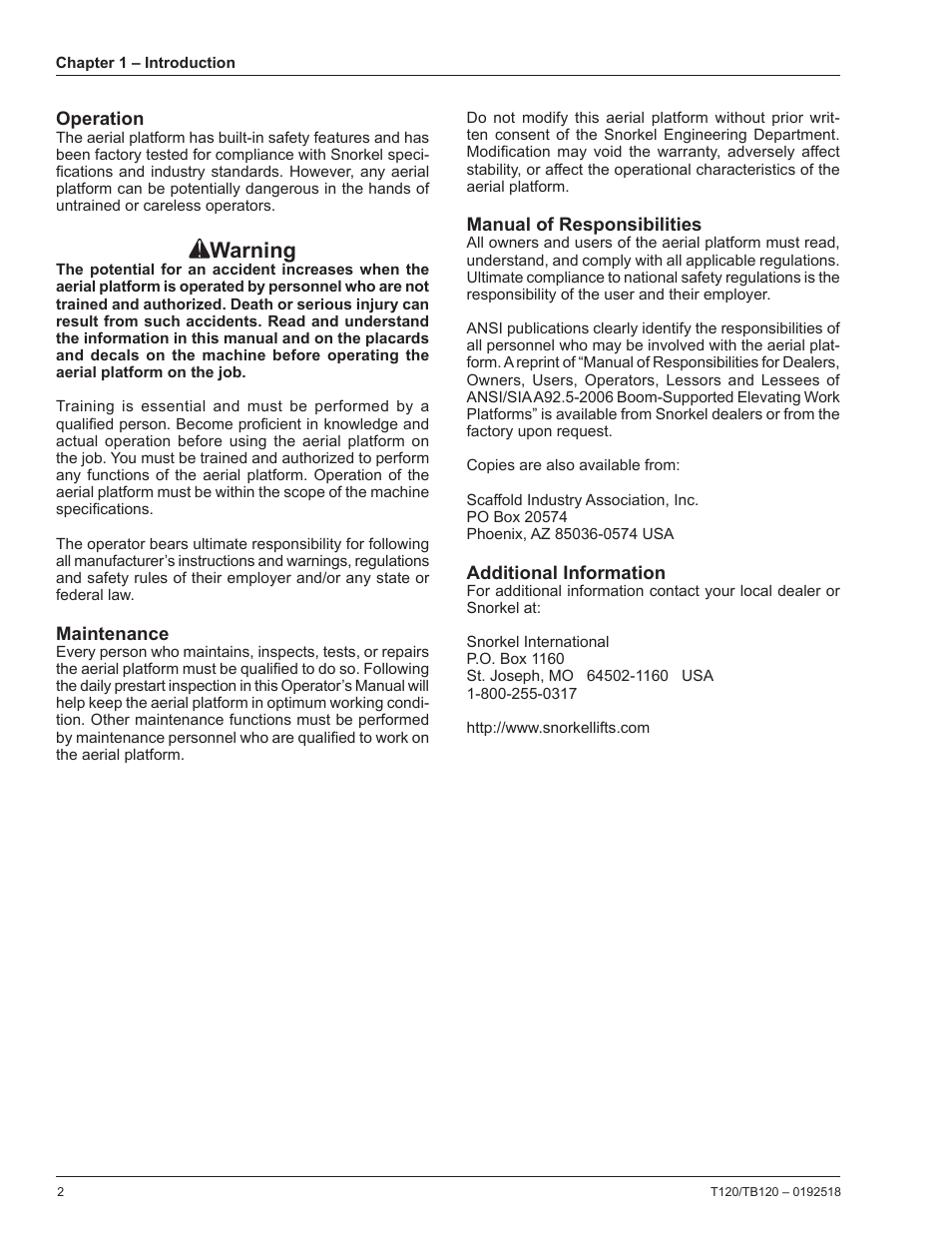 Operation, Maintenance, Manual of responsibilities | Additional information, Inside front cover, Warning | Snorkel TB120 User Manual | Page 6 / 74