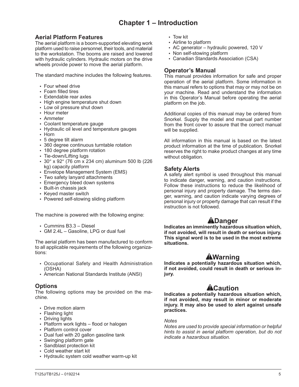 Chapter 1 – introduction, Danger, Warning | Caution | Snorkel TB125J User Manual | Page 5 / 74