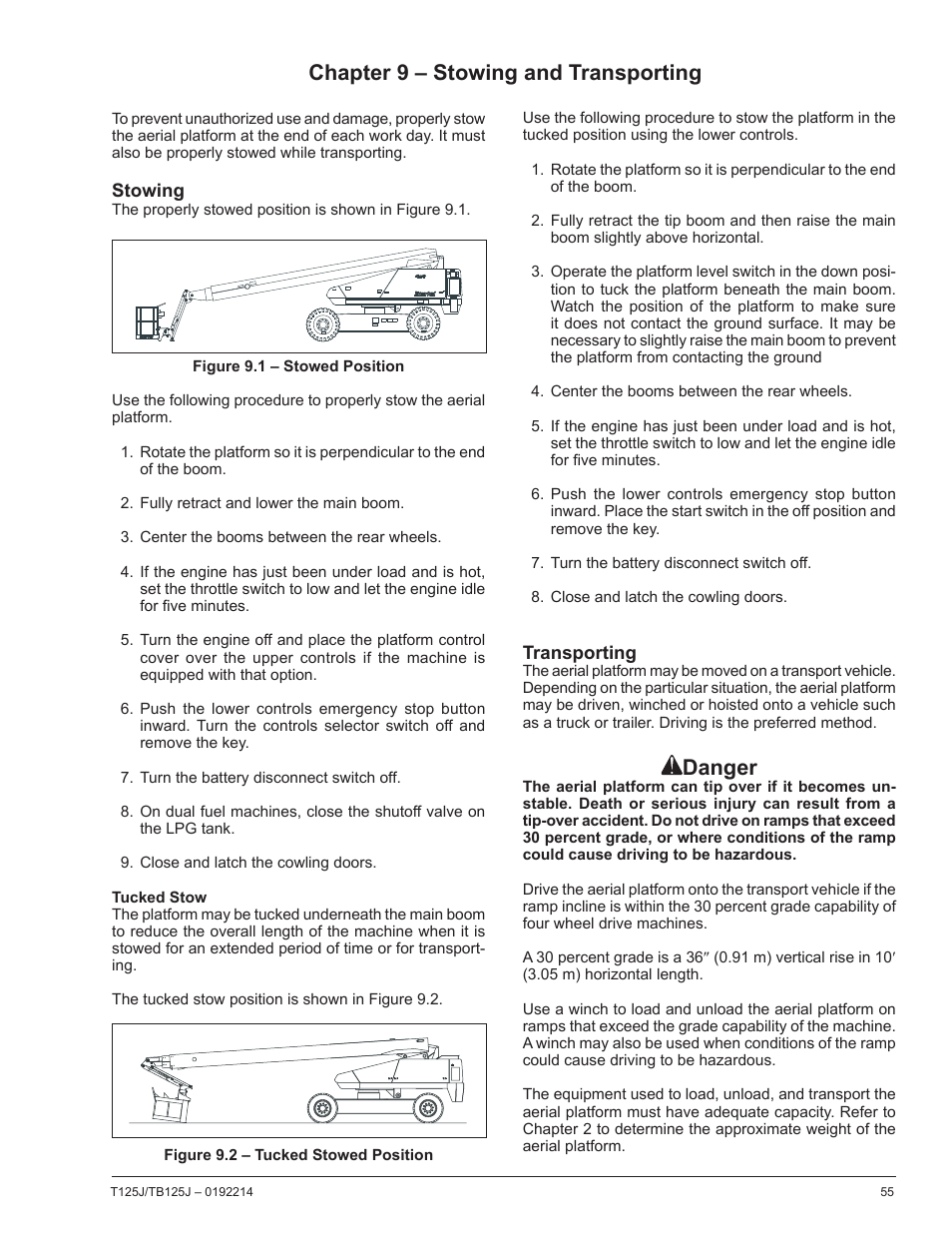 Chapter 9 – stowing and transporting, Danger | Snorkel TB125J User Manual | Page 55 / 74