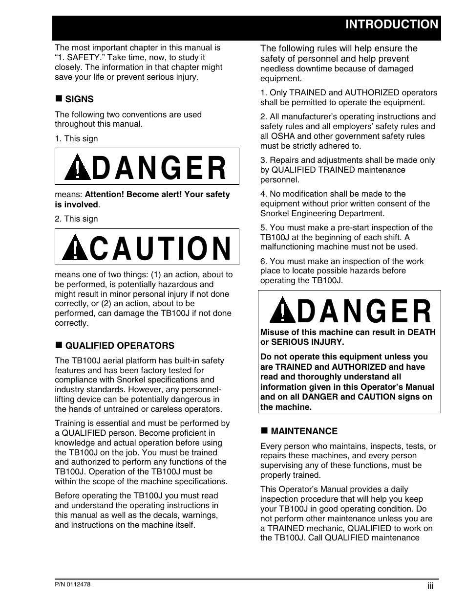 C a u tio n | Snorkel TB100J User Manual | Page 5 / 89