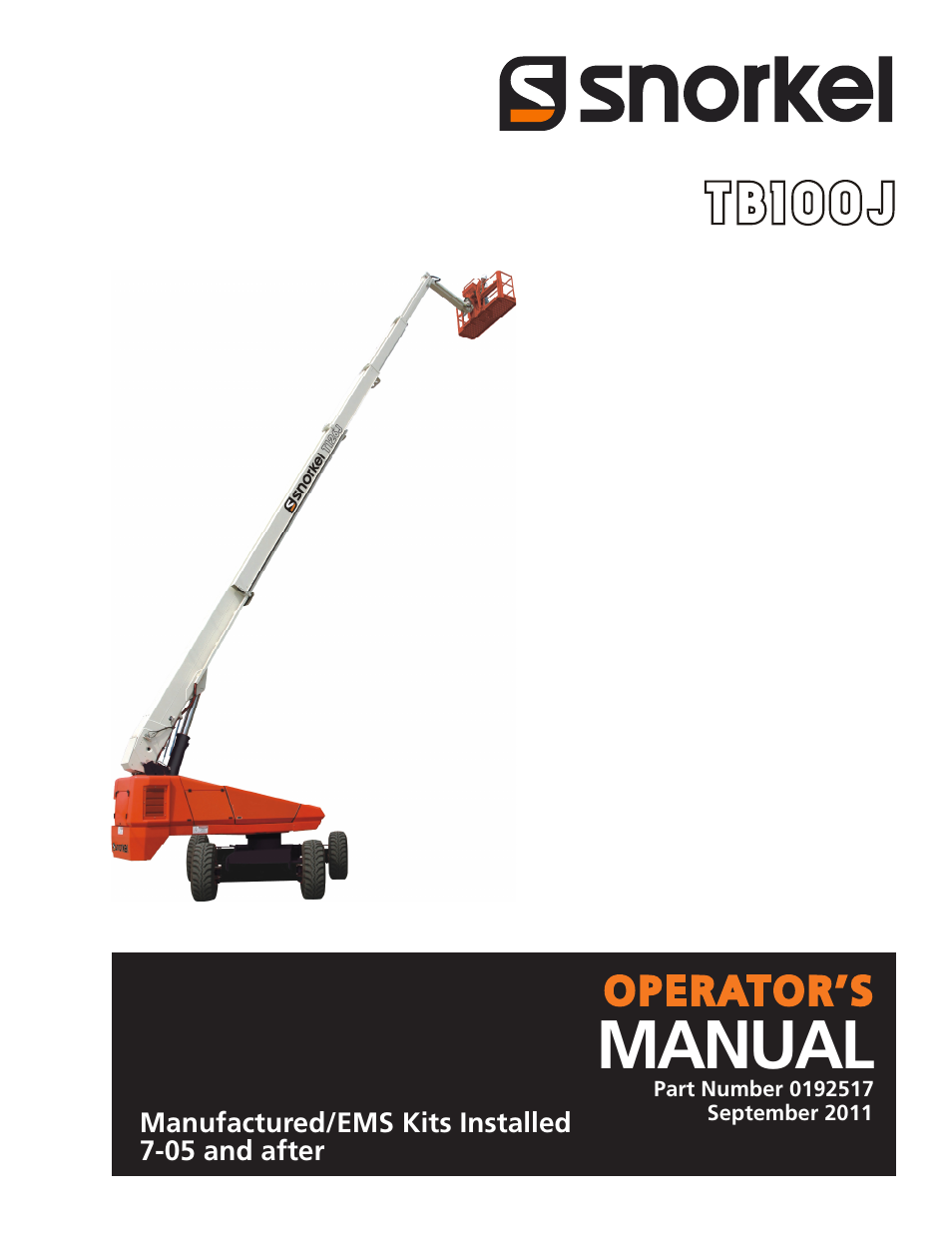 Snorkel TB100J Manufactured/EMS Kits 7-05 and after User Manual | 74 pages